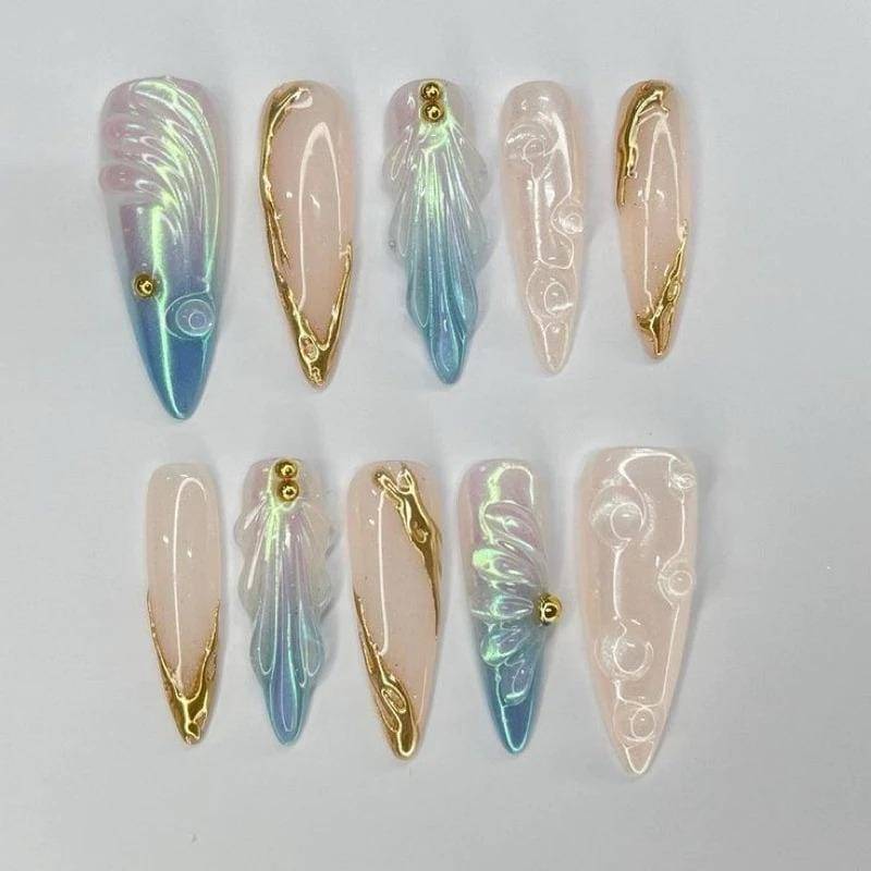 Iridescent Mermaid Press On Nails - Pearl Chrome Wings & Gold Edge Long Coffin Handmade Reusable False Nail Set von Etsy - BohmBum