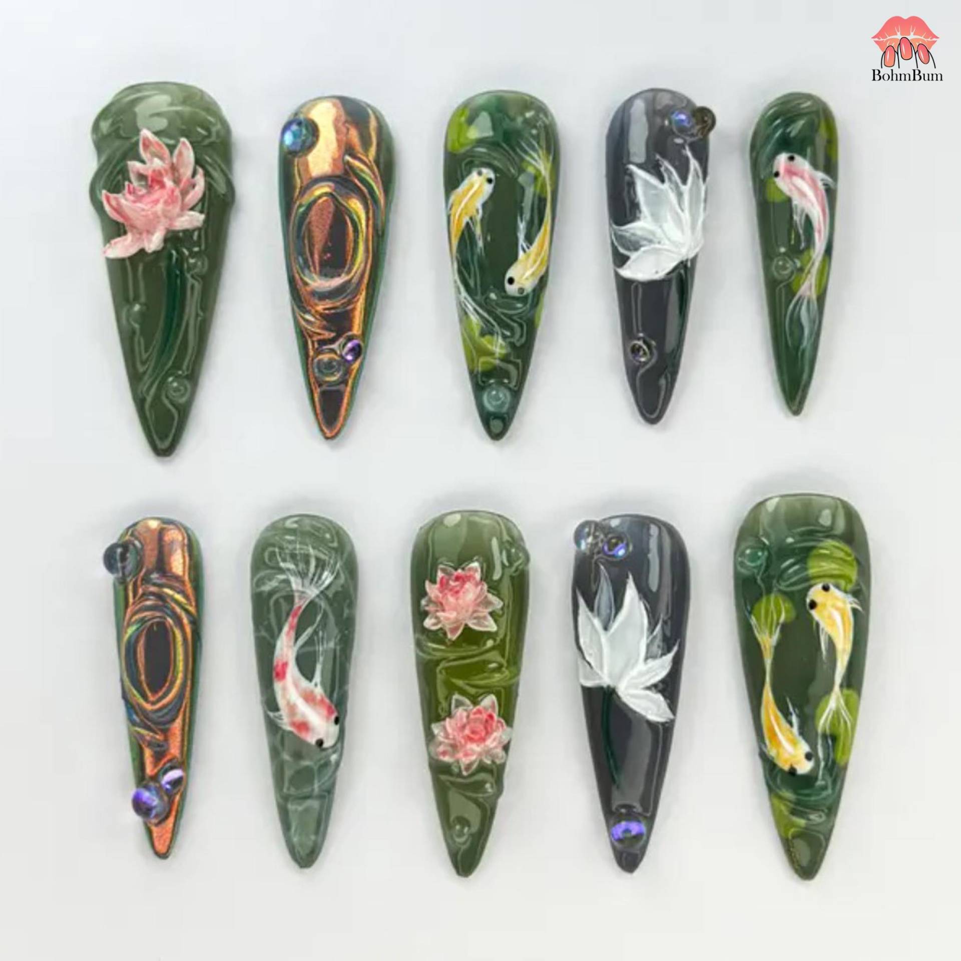 Koi Fish 3D Press On Nails | Hand Painted Lotus & Water Ripples Deep Green Glossy Long Stiletto Nail Art|Handmade Nature Inspired Set Koi Fish 3D Press On Nails | Hand Painted Lotus & Water Ripples Deep Green Glossy Long Stiletto Nail Art|Handmade Nature Inspired Set von Etsy - BohmBum