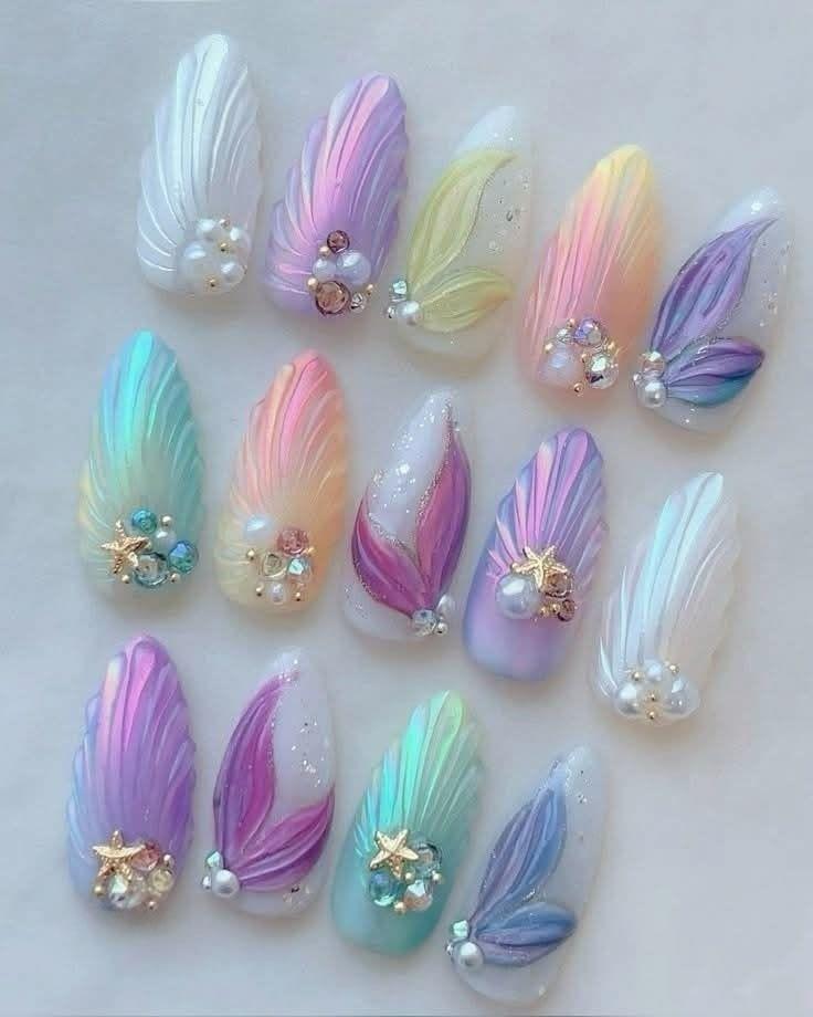Ocean Press On Nails | Handmade Blue Mermaid With Shell & Wave Details Long Glossy Fake For Beach Or Summer Look von Etsy - BohmBum