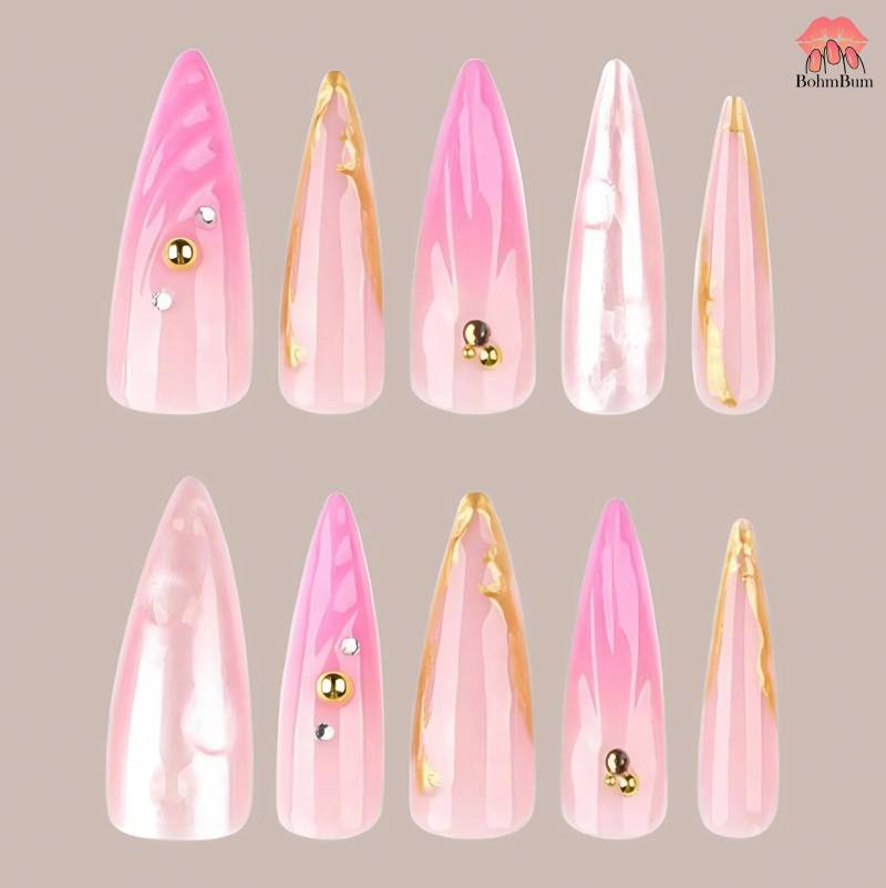 Pink Flame Chrome Press On Nails, Handmade Y2K Nail Art With Gold Foil & Rhinestones, Glossy Long Stiletto Nails For Fun Or Festival Look von Etsy - BohmBum
