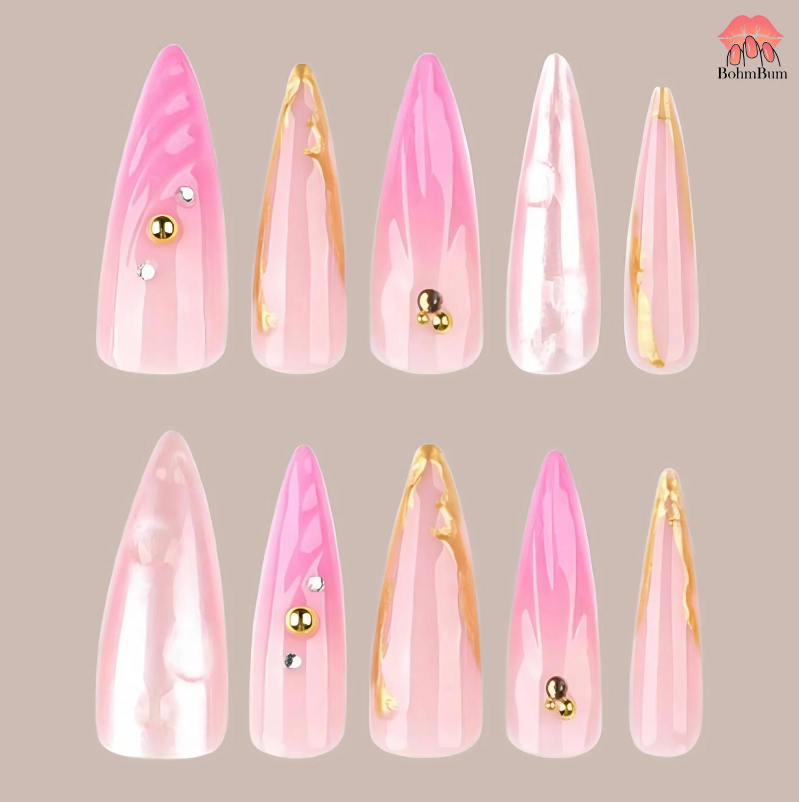 Pink Flame Chrome Press On Nails, Handmade Y2K Nail Art With Gold Foil & Rhinestones, Glossy Long Stiletto Nails For Fun Or Festival Look Pink Flame Chrome Press On Nails, Handmade Y2K Nail Art With Gold Foil & Rhinestones, Glossy Long Stiletto Nails For Fun Or Festival Look von Etsy - BohmBum
