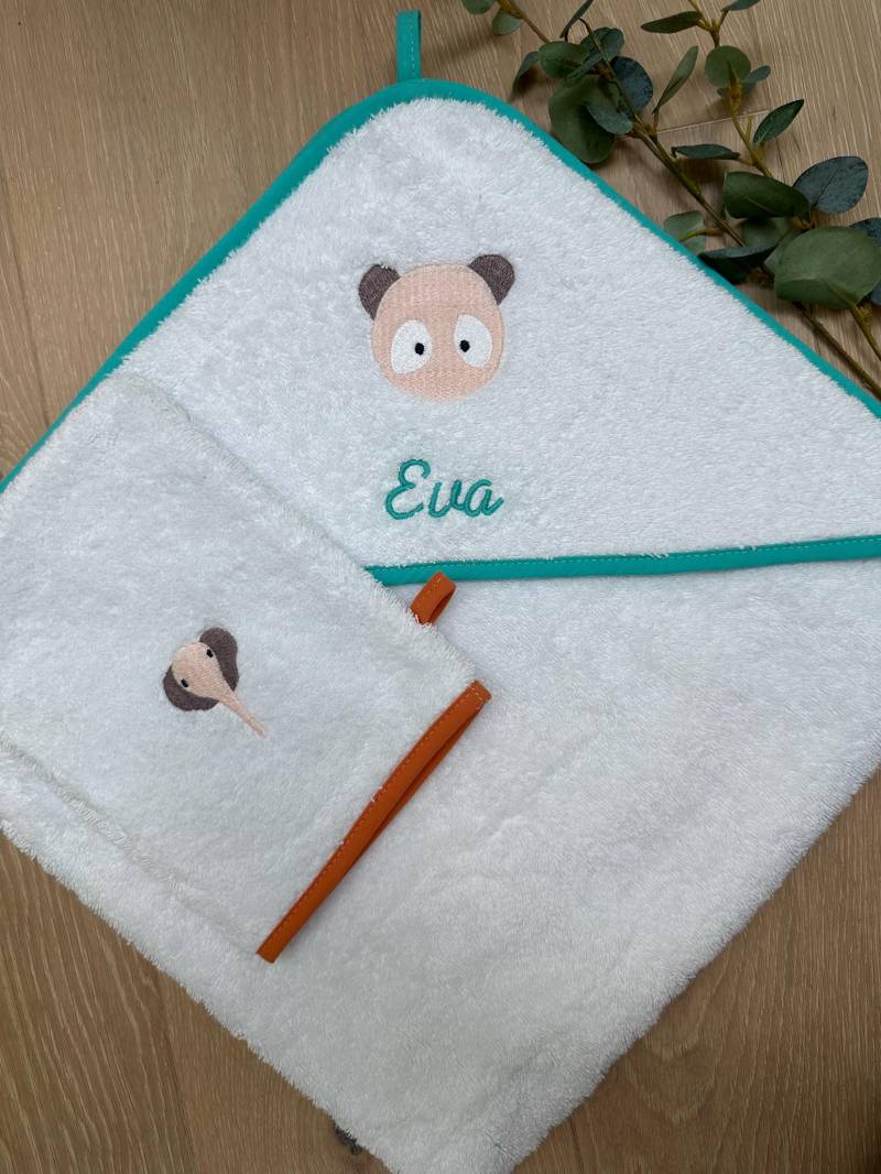 Anpassbarer Baby-Badeumhang + Handschuh 100 % Baumwolle 500 G/M² - Exklusives Muster Perfektes Geburtsgeschenk Panda/Türkis Elefant/Orange von Etsy - BoutchooCo
