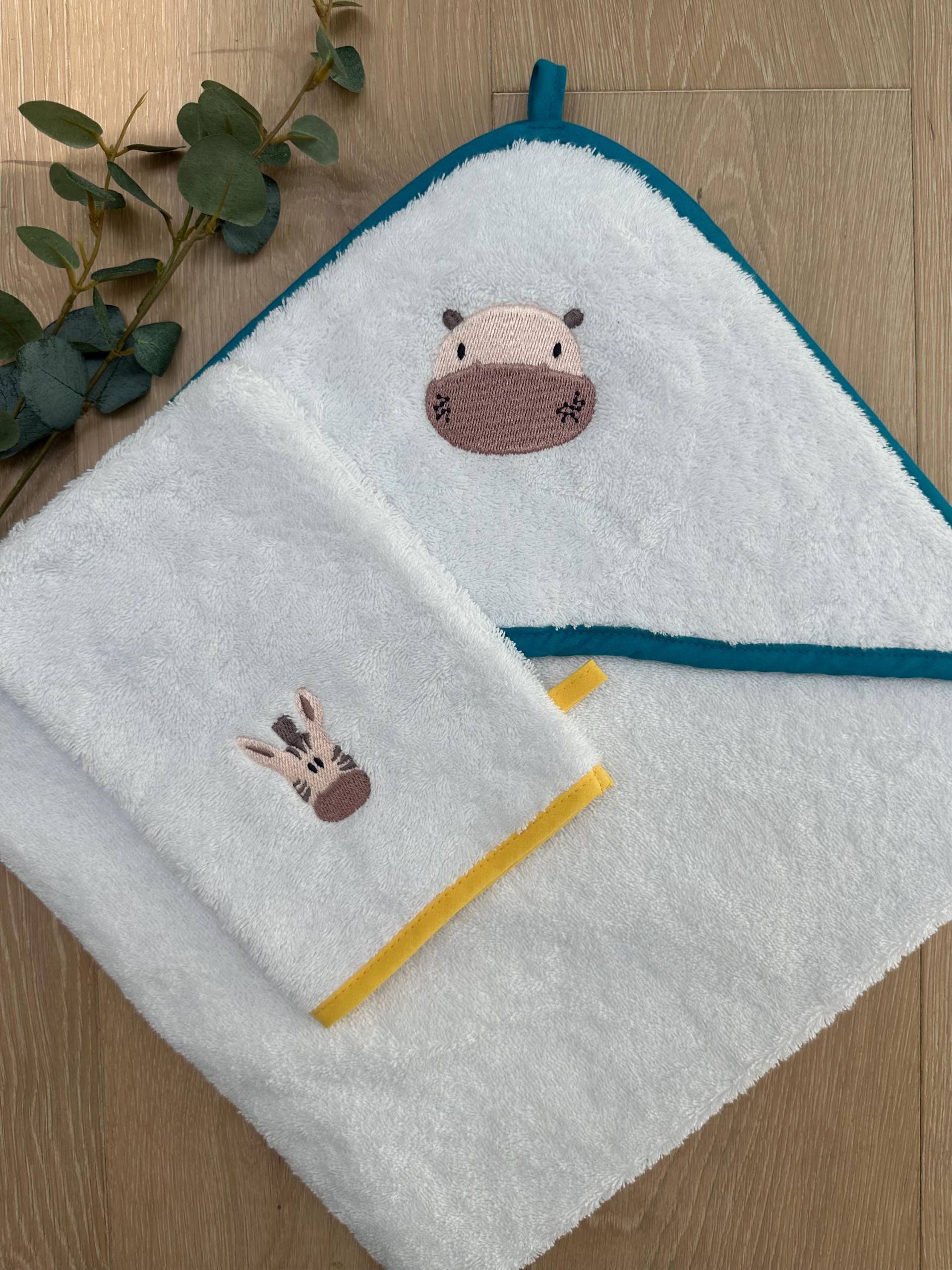 Personalisierbarer Baby-Badeumhang + Handschuh 100 % Baumwolle 500 G/M² - Exklusives Muster Perfektes Geburtsgeschenk Nilpferd/Zebra Blau/Gelb Personalisierbarer Baby-Badeumhang + Handschuh 100 % Baumwolle 500 G/M² - Exklusives Muster Perfektes Geburtsgeschenk Nilpferd/Zebra Blau/Gelb von Etsy - BoutchooCo