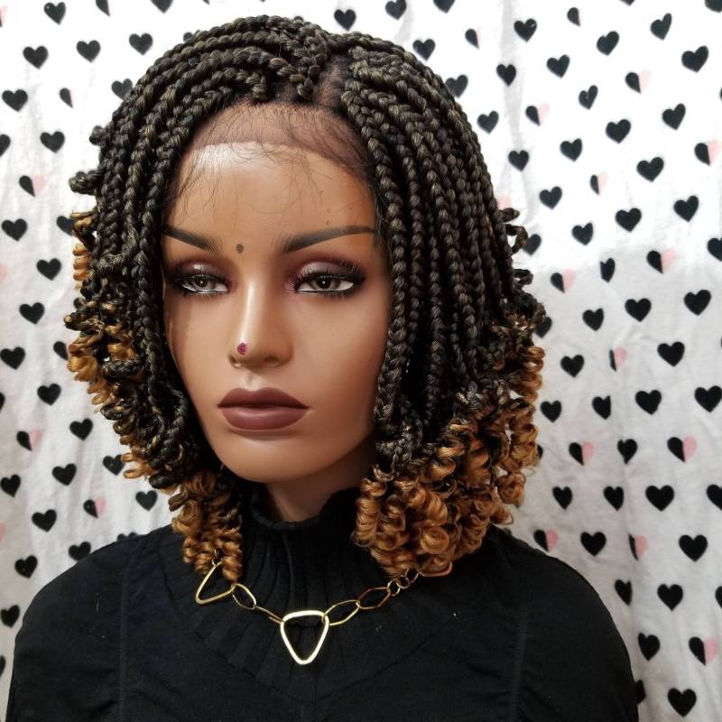 Kurze Lockige Perücke, Handgemachte Box Braids Locken, Ombre Geflochtene Lace Front Perücke von Etsy - BraidsLaceWig