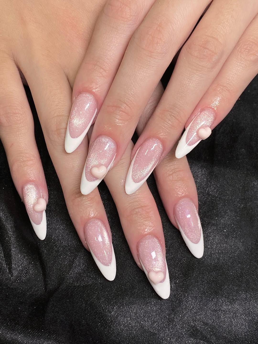 Handmade Pink Glitter French Tip Press On Nails | 3D Heart Accent Almond Bridal Valentine Nail Set Elegant Reusable False Handmade Pink Glitter French Tip Press On Nails | 3D Heart Accent Almond Bridal Valentine Nail Set Elegant Reusable False von Etsy - BrandlDesigns