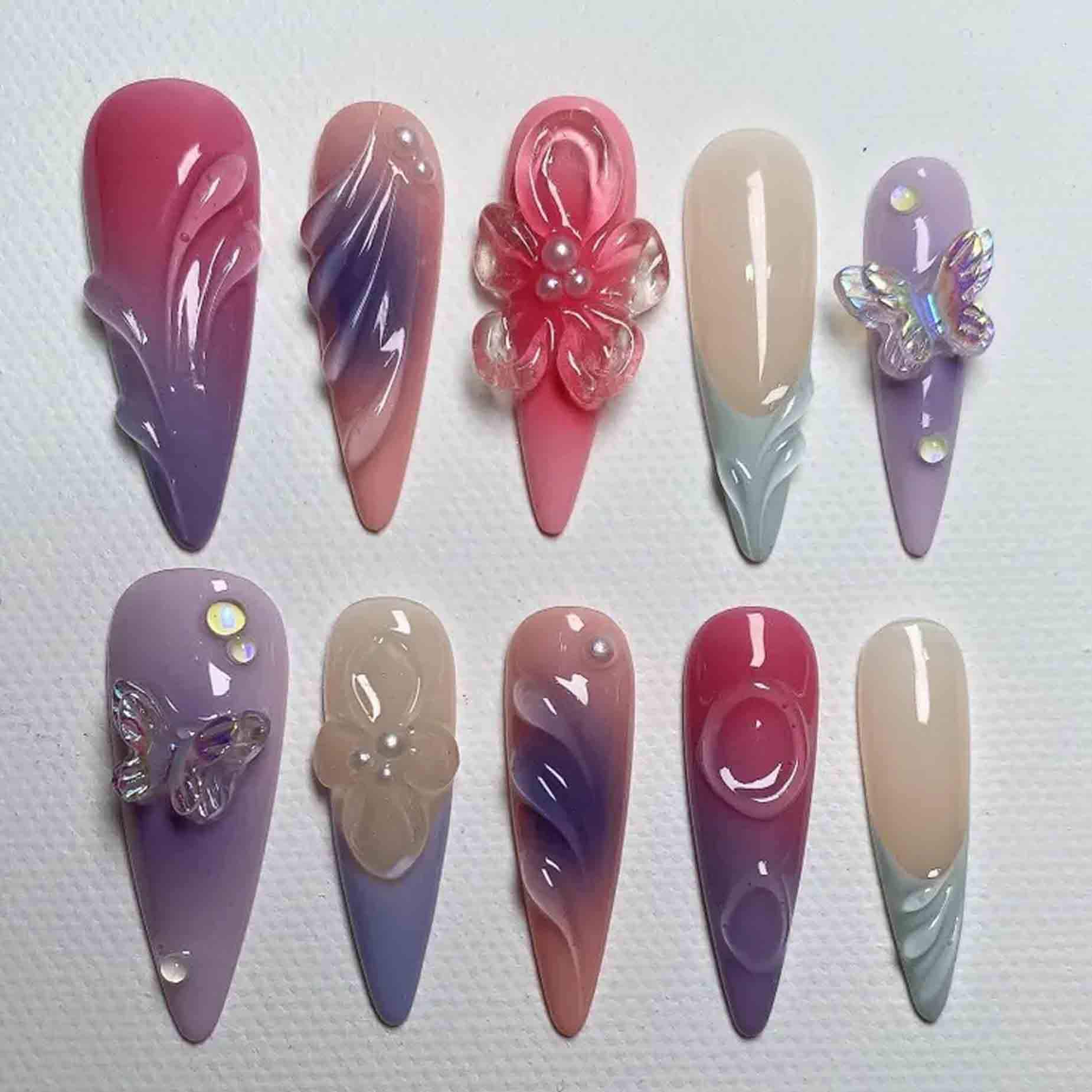 Pastel Butterfly Nails, 3D Flower Jelly Design, Pink Purple Ombre With Crystals, Handmade Spring Press On Nails For Daily Glam Pastel Butterfly Nails, 3D Flower Jelly Design, Pink Purple Ombre With Crystals, Handmade Spring Press On Nails For Daily Glam von Etsy - BrandlDesigns
