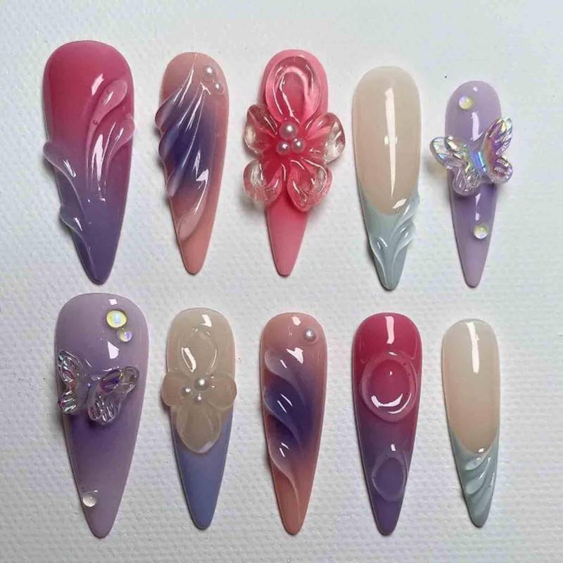 Pastel Butterfly Nails, 3D Flower Jelly Design, Pink Purple Ombre With Crystals, Handmade Spring Press On Nails For Daily Glam von Etsy - BrandlDesigns
