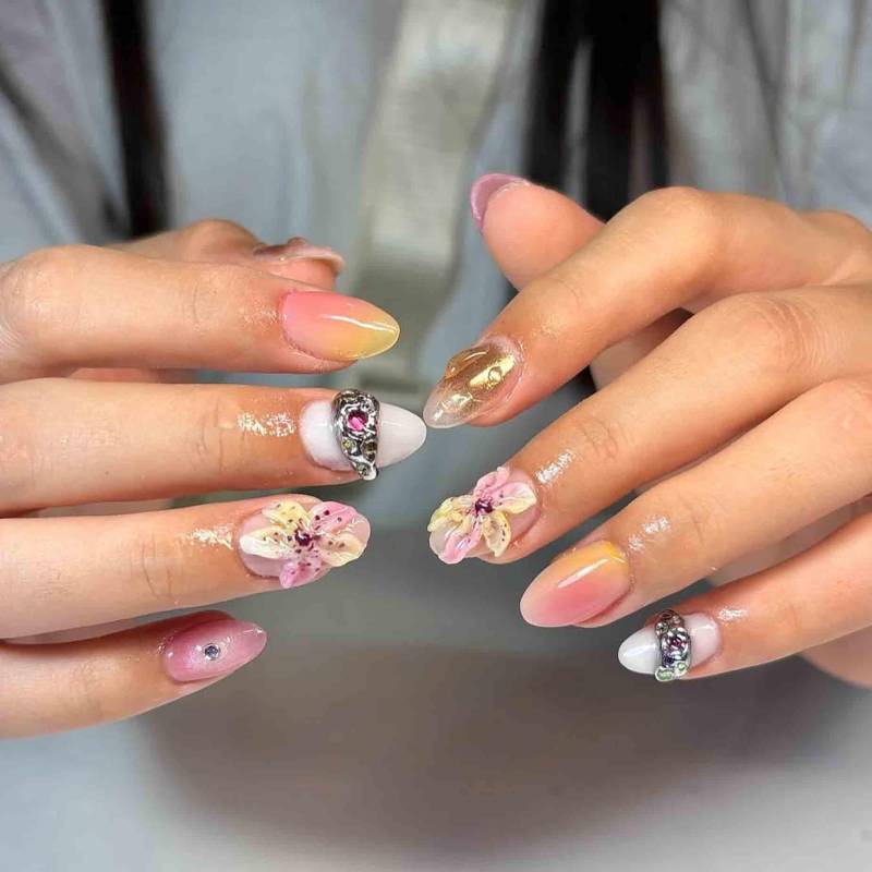 Handmade Floral Press On Nails | Custom Yellow Pink Ombre With 3D Sculpted Flowers, Chrome Accents & Rhinestones Long Elegant Set von Etsy - BulczZun