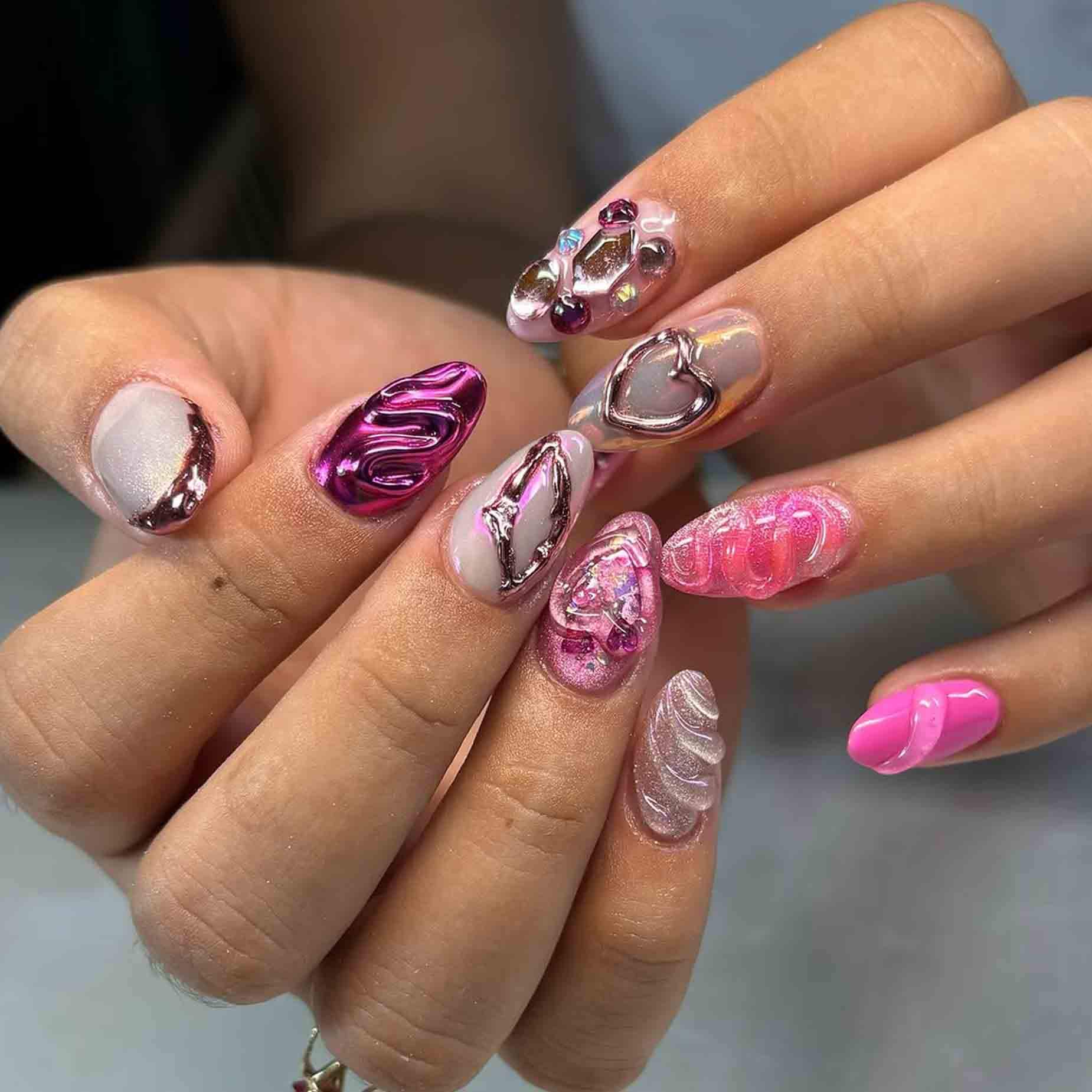 Handmade Hot Pink Chrome Press On Nails | Custom 3D Heart & Gem Nail Art Glossy Mixed Texture Long Almond Fake For Trendy Girls Handmade Hot Pink Chrome Press On Nails | Custom 3D Heart & Gem Nail Art Glossy Mixed Texture Long Almond Fake For Trendy Girls von Etsy - BulczZun