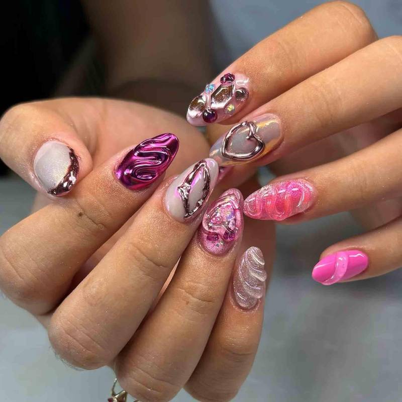 Handmade Hot Pink Chrome Press On Nails | Custom 3D Heart & Gem Nail Art Glossy Mixed Texture Long Almond Fake For Trendy Girls von Etsy - BulczZun
