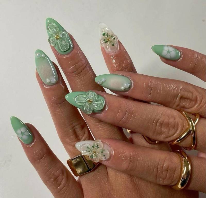 Handmade Summer Green Press On Nails | Pastel Mint & Leafy Nail Art Reusable Almond False Trendy Set Custom Box von Etsy - BulczZun