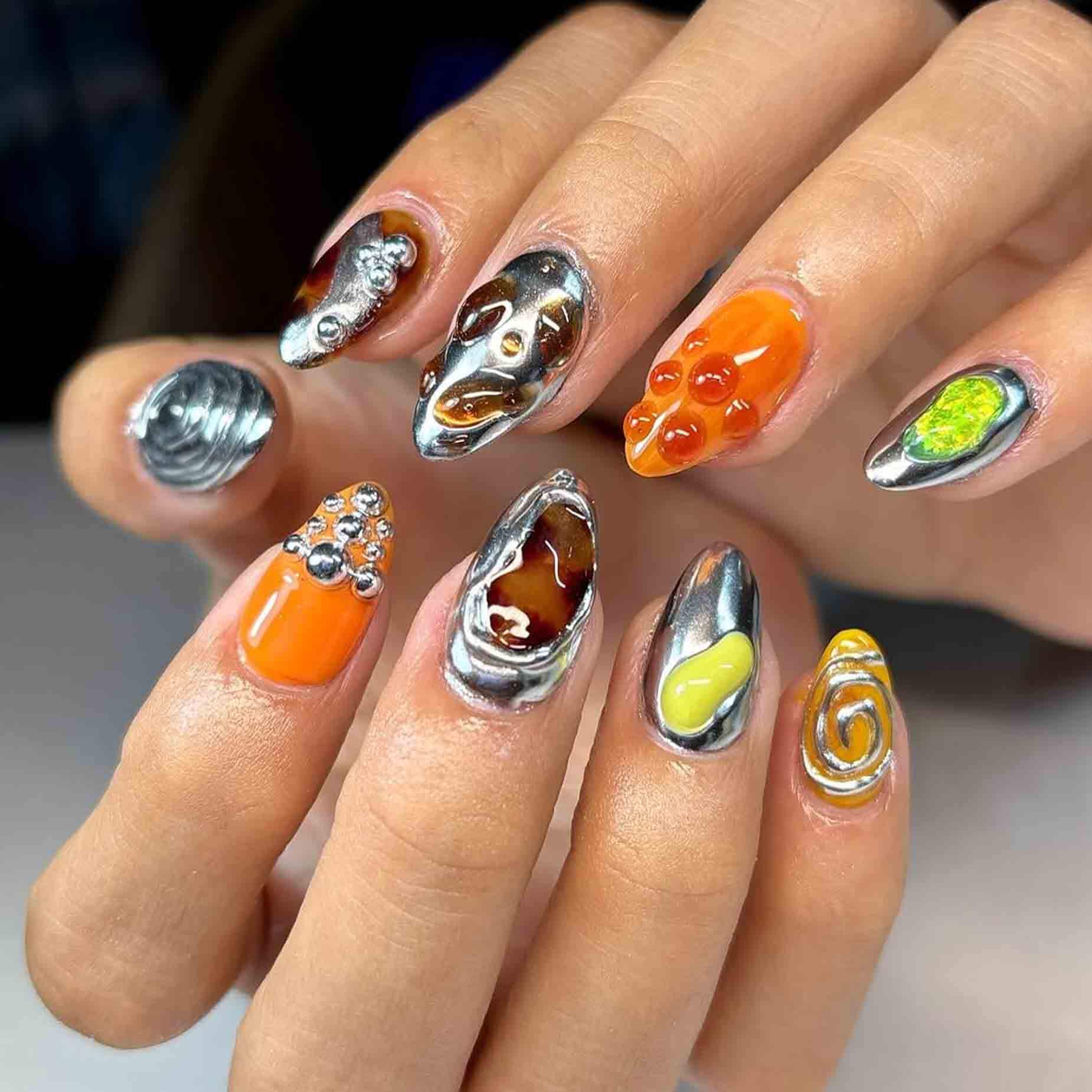 Handmade Y2K Chrome Press On Nails | 3D Jelly Charms, Orange Swirl, Tortoise Shell & Mirror Shine Long Oval Designer For Party Girls Handmade Y2K Chrome Press On Nails | 3D Jelly Charms, Orange Swirl, Tortoise Shell & Mirror Shine Long Oval Designer For Party Girls von Etsy - BulczZun