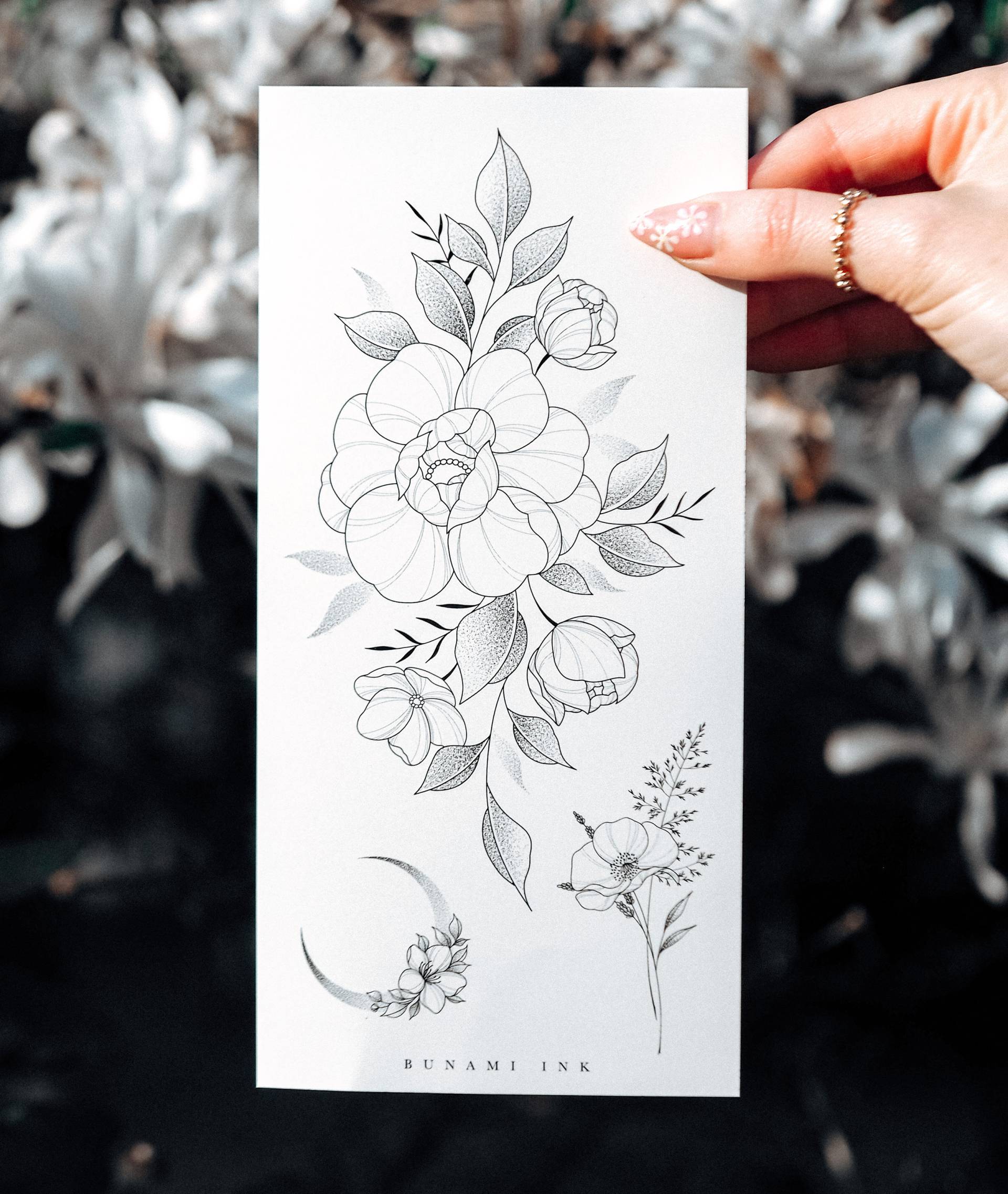 Temporäre Tattoos Kleines Florales Sträusschen Pfingstrose Wildblumen Mond Sichel Temporäre Tattoos Kleines Florales Sträusschen Pfingstrose Wildblumen Mond Sichel von Etsy - BunamiInk