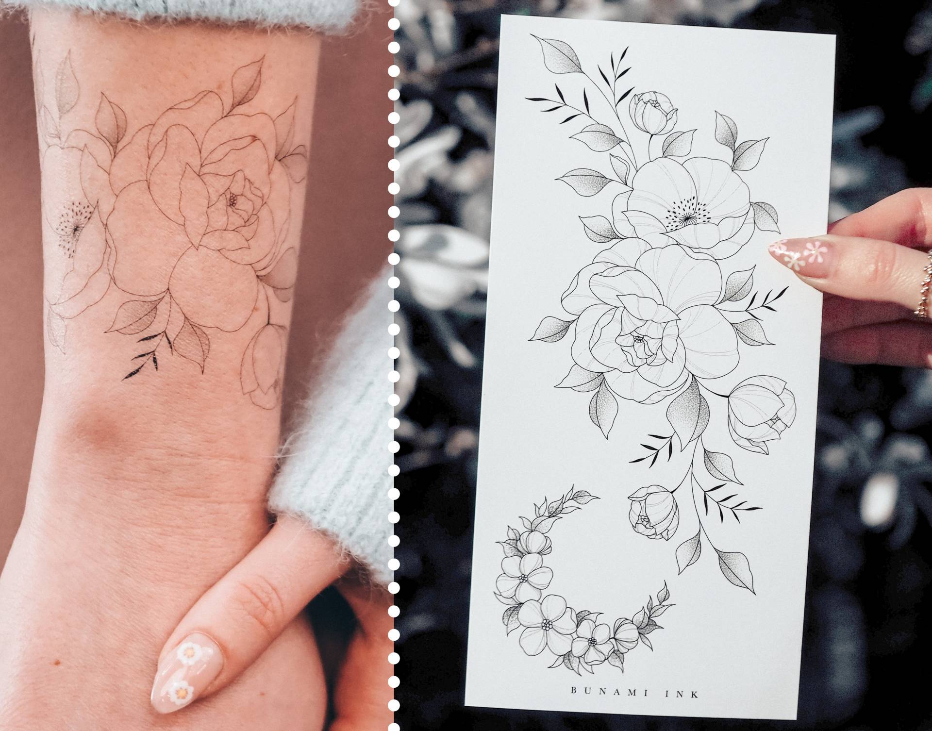 Temporäre Tattoos Pfingstrose Mond Mohnblume Floraler Wildblumen Armband Halbmond Temporäre Tattoos Pfingstrose Mond Mohnblume Floraler Wildblumen Armband Halbmond von Etsy - BunamiInk