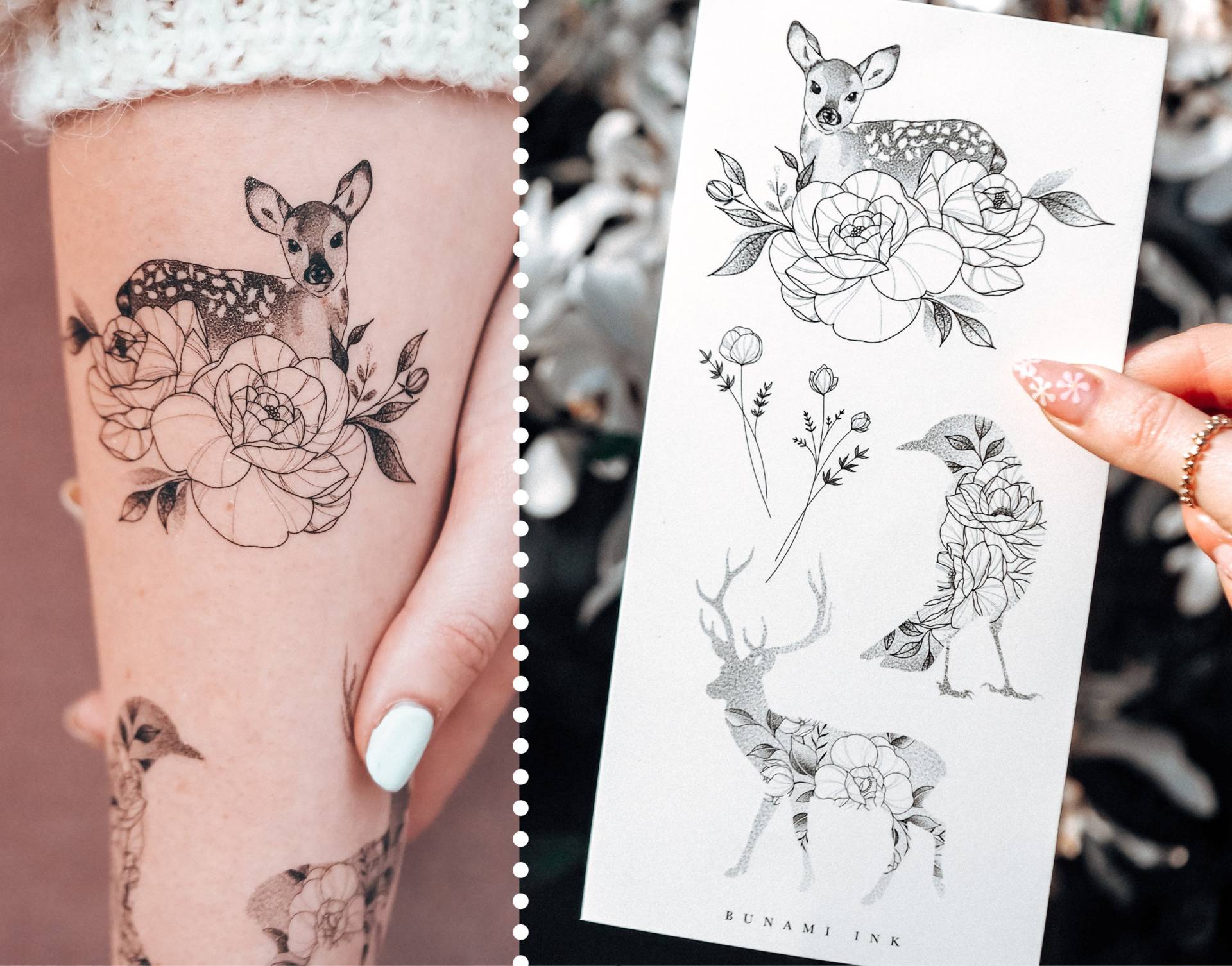 Temporäre Tattoos Tiere Vogel Reh Hirsch Wilde Florale Temporäre Tattoos Tiere Vogel Reh Hirsch Wilde Florale von Etsy - BunamiInk