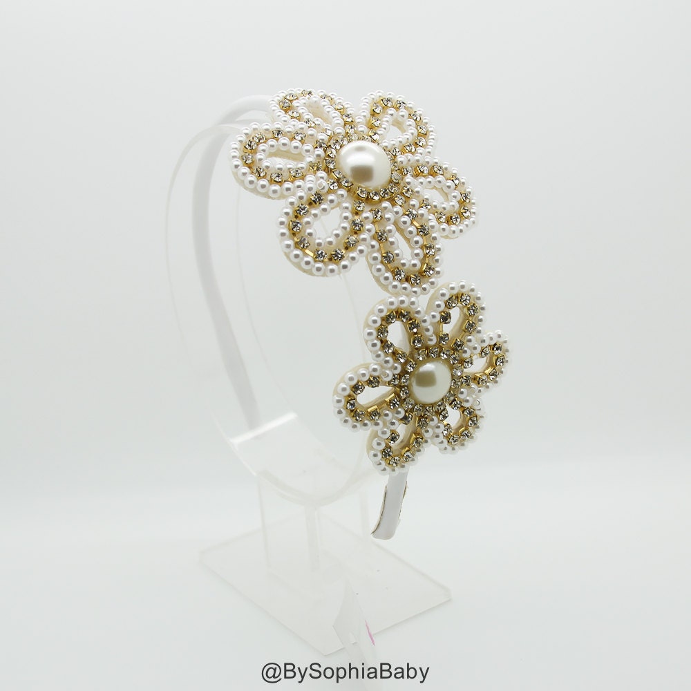 Mädchen Stirnband, Hard Perlen & Strass Große Blume Weiße 978 von Etsy - BySophiaBaby