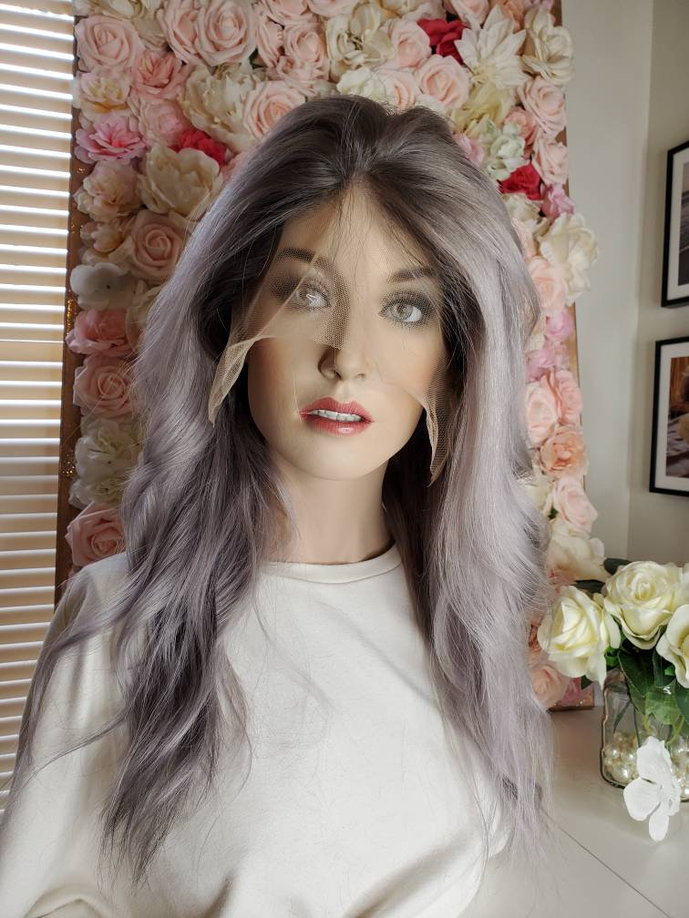 Graue Und Schwarze Wurzelfarbe Vordere Spitze Perücke Echthaar Graue Und Schwarze Wurzelfarbe Vordere Spitze Perücke Echthaar von Etsy - CGWIGS