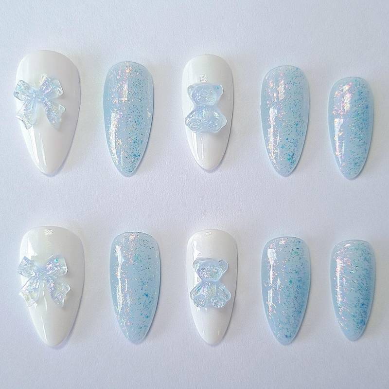Bären-Press-On-Nails | Bogennägel Pastell Nägel Glitzernde Niedliche Baby Blau Press Ons 3D Charm Nagelset Luxus von Etsy - CapybaraNails