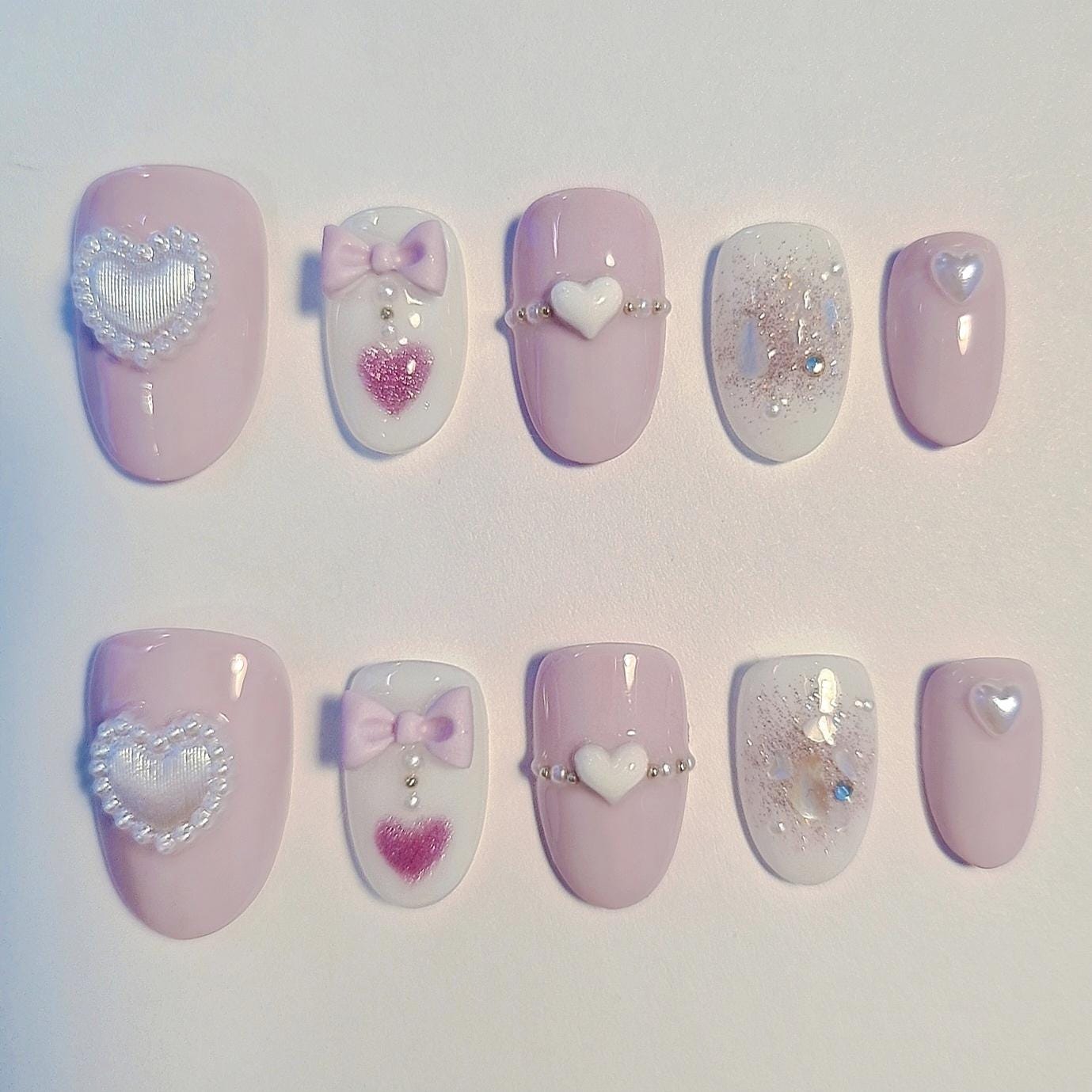 Violet Herz Nägel | Kawaii Schleife Süße Valentine Kokette Pastell Perle Press-Ons Salon von Etsy - CapybaraNails