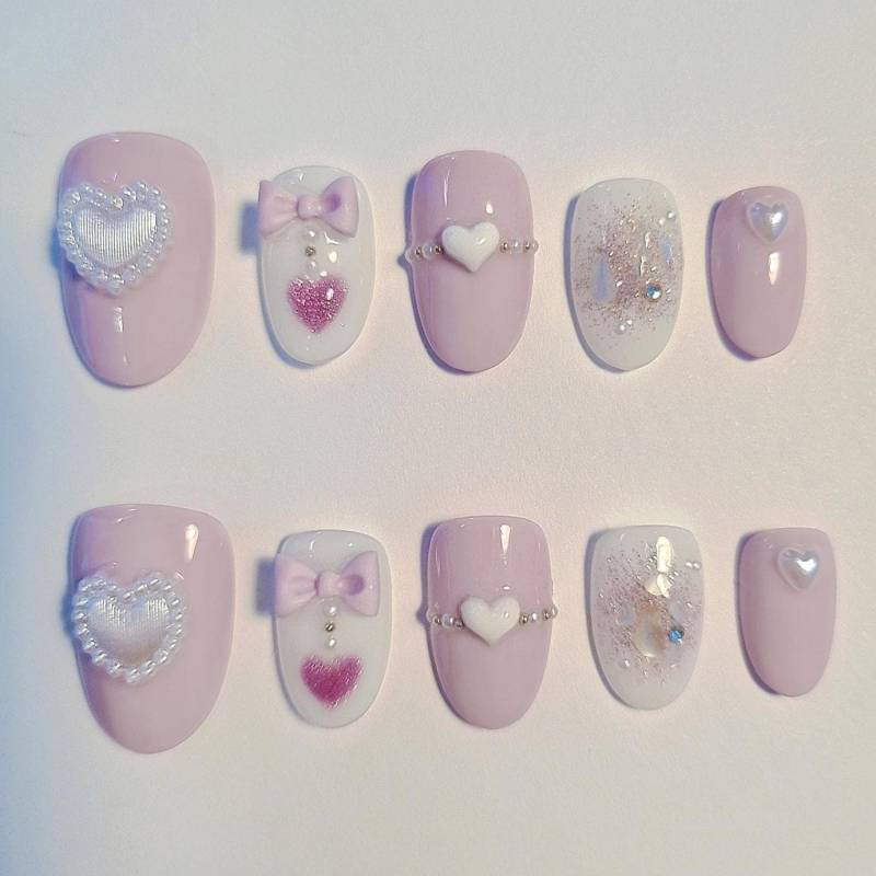 Violet Herz Nägel | Kawaii Schleife Süße Valentine Kokette Pastell Perle Press-Ons Salon von Etsy - CapybaraNails