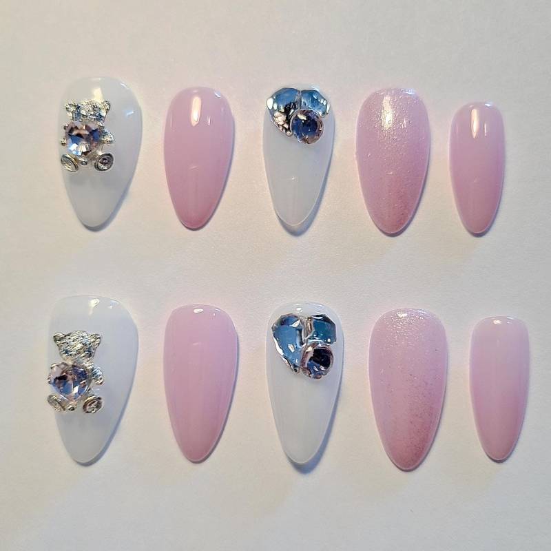 Weiches Rosa Drücken Sie Auf Die Nägel | Teddy Bär Kristall Pilates Prinzessin 3D Aufbügeln Niedliche Bling Press-Ons von Etsy - CapybaraNails