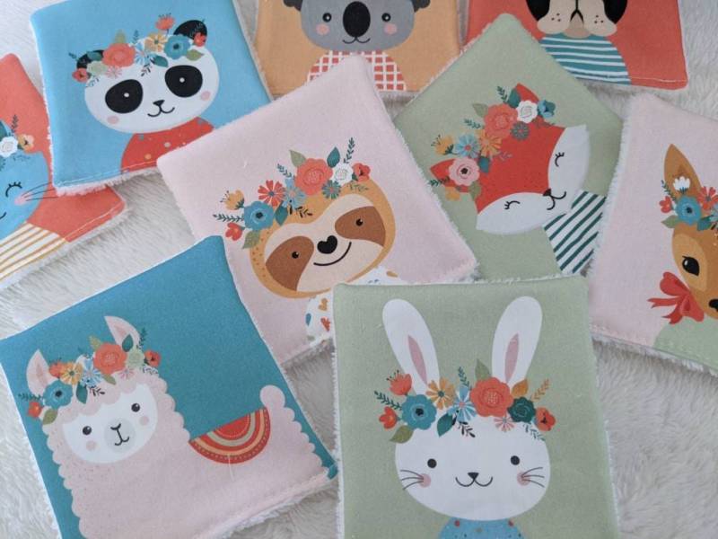 Waschbare Babytücher Aus Bio-Baumwolle - Set Süße Tiermotive Gemischtes Geburtsgeschenk Null Abfall Handgefertigt in Frankreich von Etsy - ChezMelleAnge