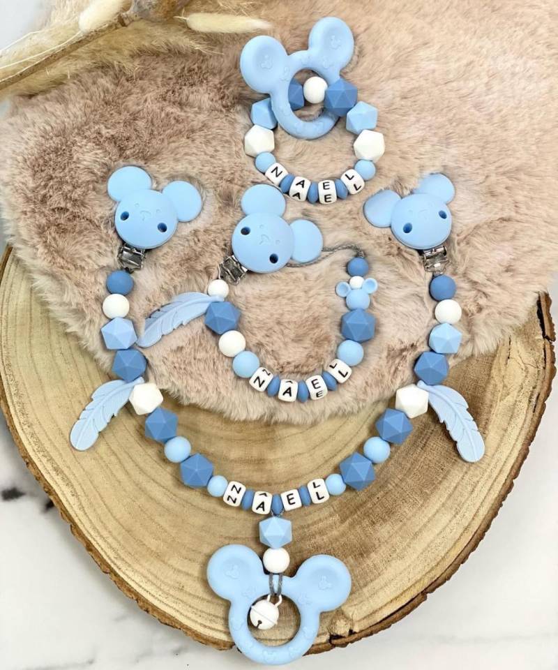Schnullerkette Mit Name Kinderwagenkette Greifling Set Maus Junge Blau von Etsy - ChriluzaShop