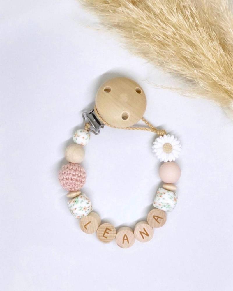 Schnullerkette Mit Name Personalisiert Mädchen Blumenmuster Holz Rosa Silikon von Etsy - ChriluzaShop