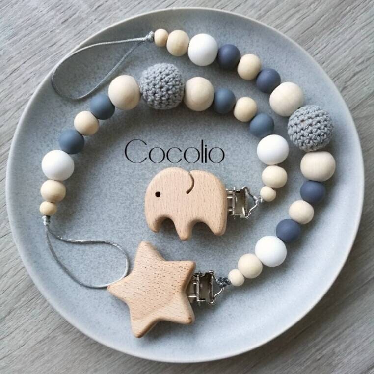 Schnullerkette Grau Weiß Holz Stern/Elefant/Vogel/Herz von Etsy - CocolioHandmade