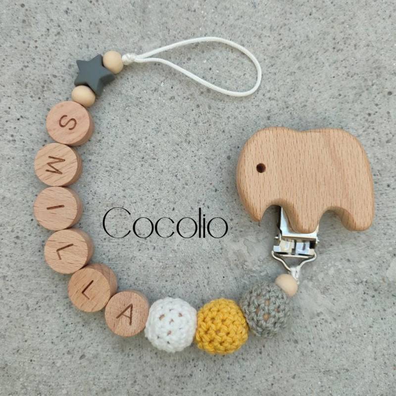 Schnullerkette Personalisiert Grau Weiß Gelb von Etsy - CocolioHandmade