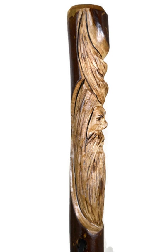 Handgefertigter Dark Wood Spirit Gehstock Mit Lederschlaufe Und Gummispitze von Etsy - CreationCarvings