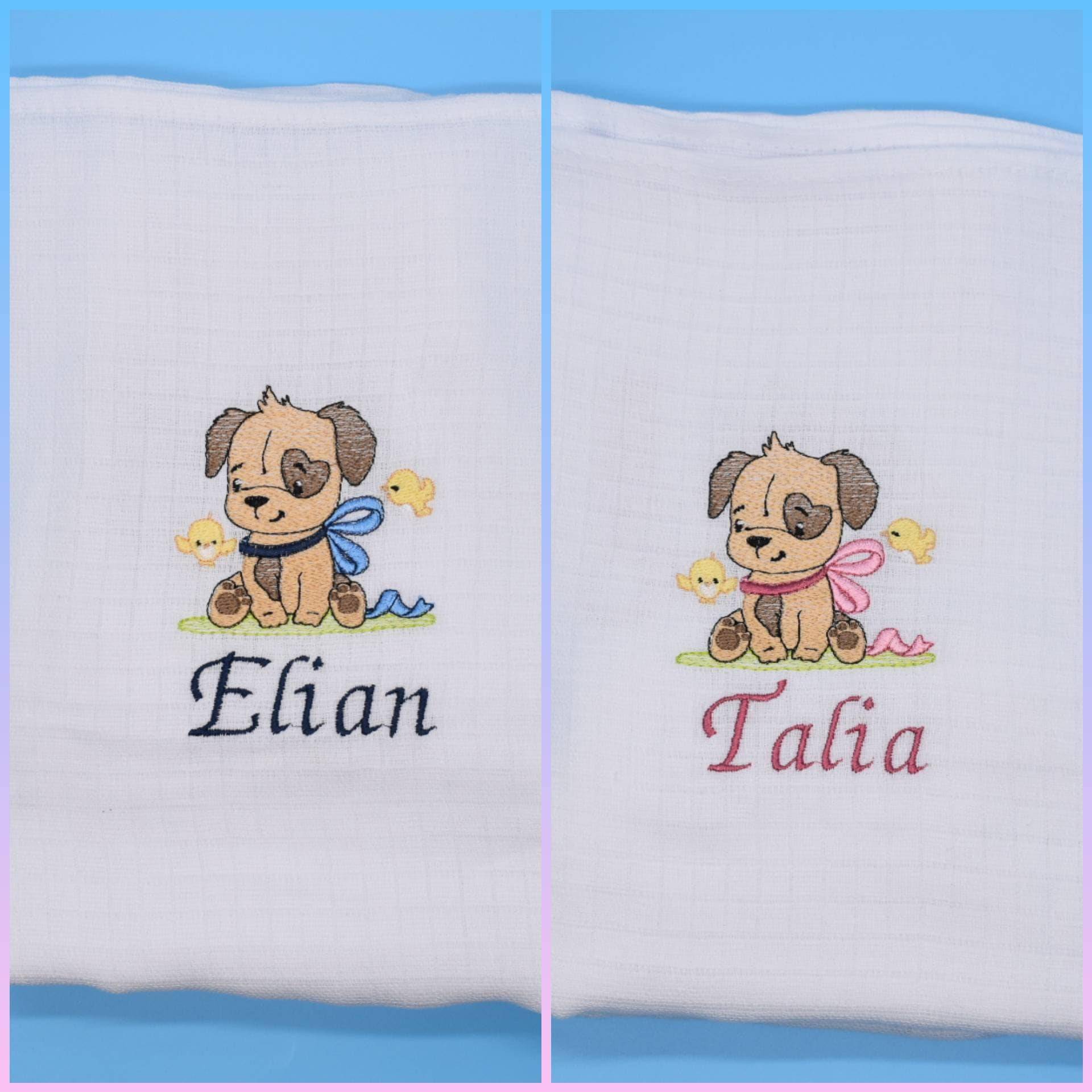 Spucktuch/Mullwindel Mit Namen Hündchen Blau Und Rosa Personalisiert & Bestickt Spucktuch/Mullwindel Mit Namen Hündchen Blau Und Rosa Personalisiert & Bestickt von Etsy - CreativeCreatorDE