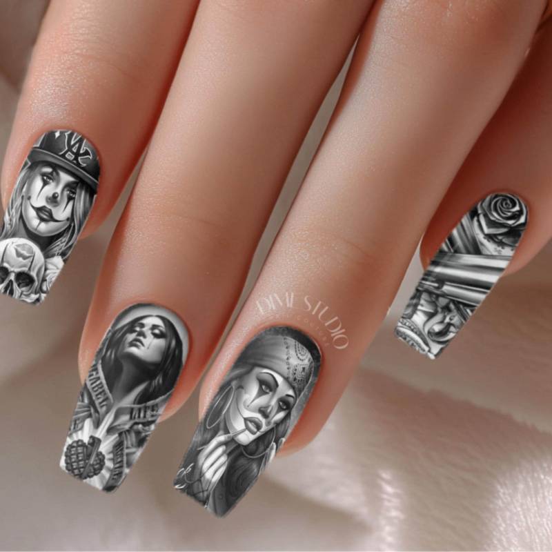 Og Chola Chicana - Wassertransfer Nail Wraps Monochrom Trauriges Mädchen Jokers Girl Art Für Nagelverlängerungen Gel X Press On Nails von Etsy - DXHNAILCO