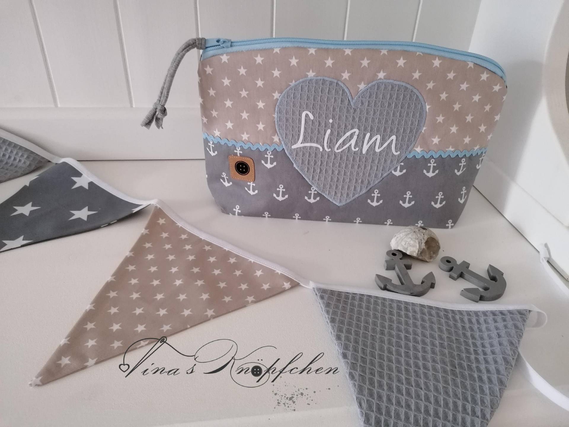 Windeltasche Inklusive Name/ Anker/ Maritim/Grau/Blau/ Beige /Taufgeschenk/ Geschenk Zur Geburt von Etsy - DeinKuestenknopf