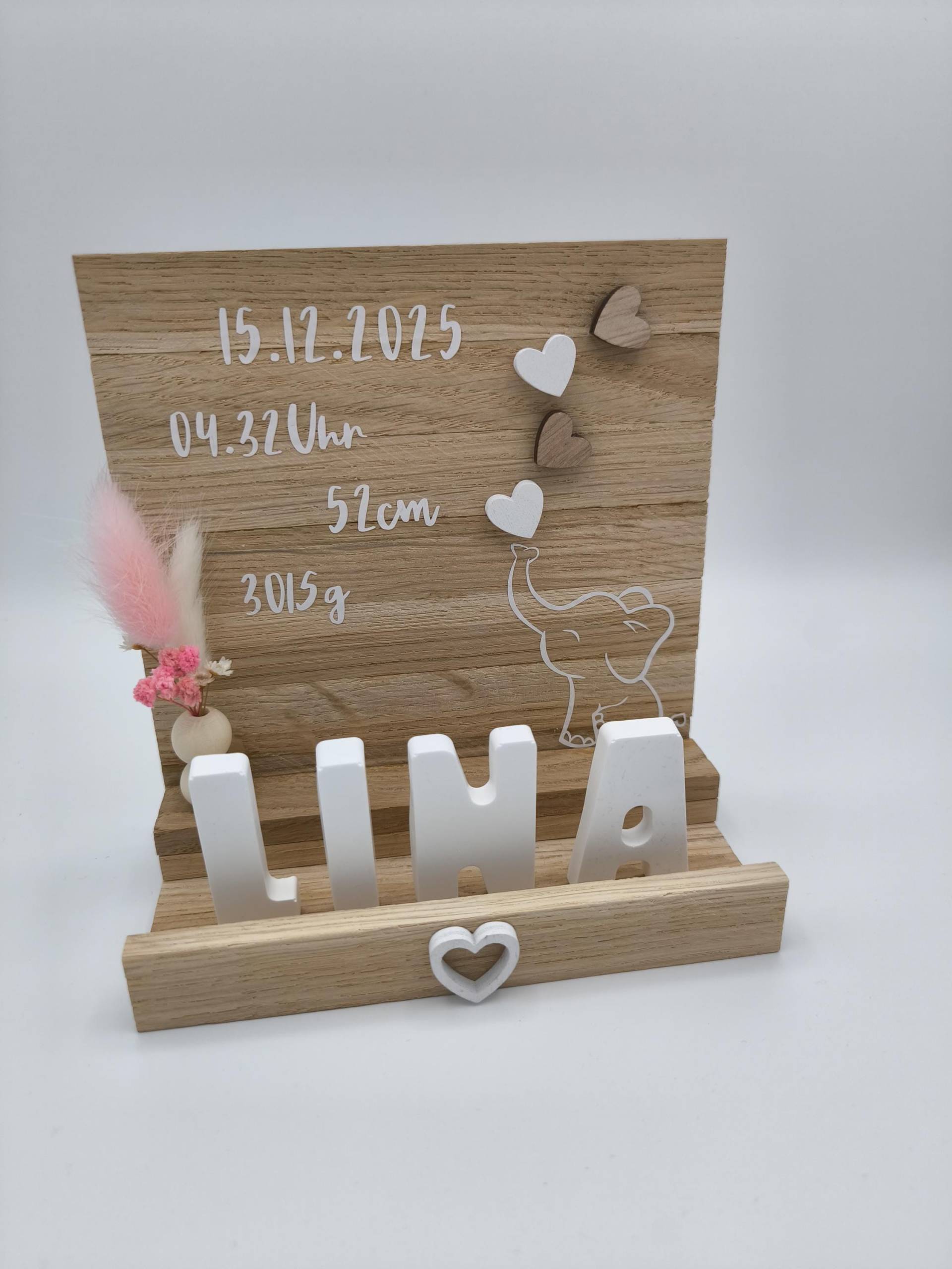 Babygeburtsgeschenk Elephant Und Herzen Mit Geburtsdaten Namen Bis 5 Buchstaben Möglich Zur Dekoration von Etsy - Detailverzaubert