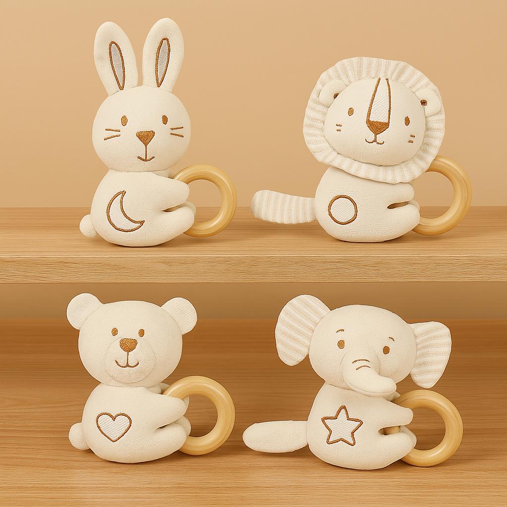 Weiches Plüschtier Handgriff Spielzeug Für Babys 0-12 Monate | Holzrassel Baby-Dusche-Geschenk Löwe, Hase, Bär, Elefant, Mehr von Etsy - DiasGiftLab