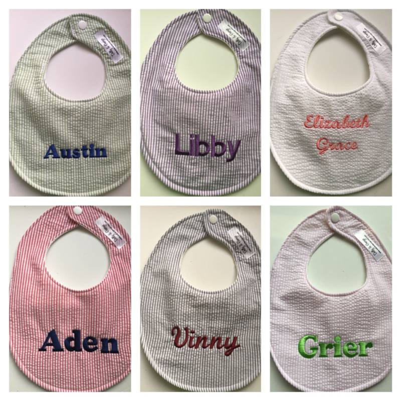 Personalisierte Monogramm Seersucker Baby Lätzchen von Etsy - DollyandGeorge