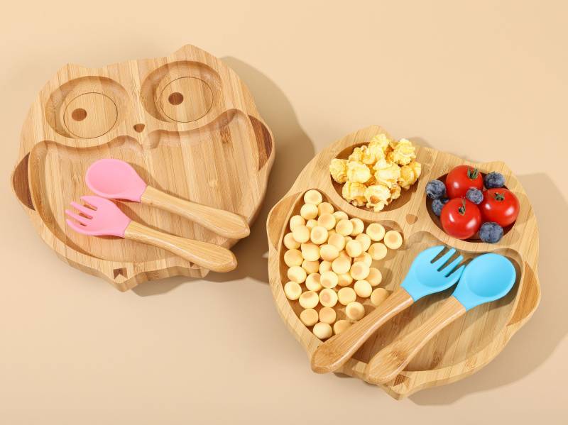 Personalisierte Bambus Baby Teller Set Eulen-Design, Silikon-Löffel & Gabel von Etsy - DopaCrafts