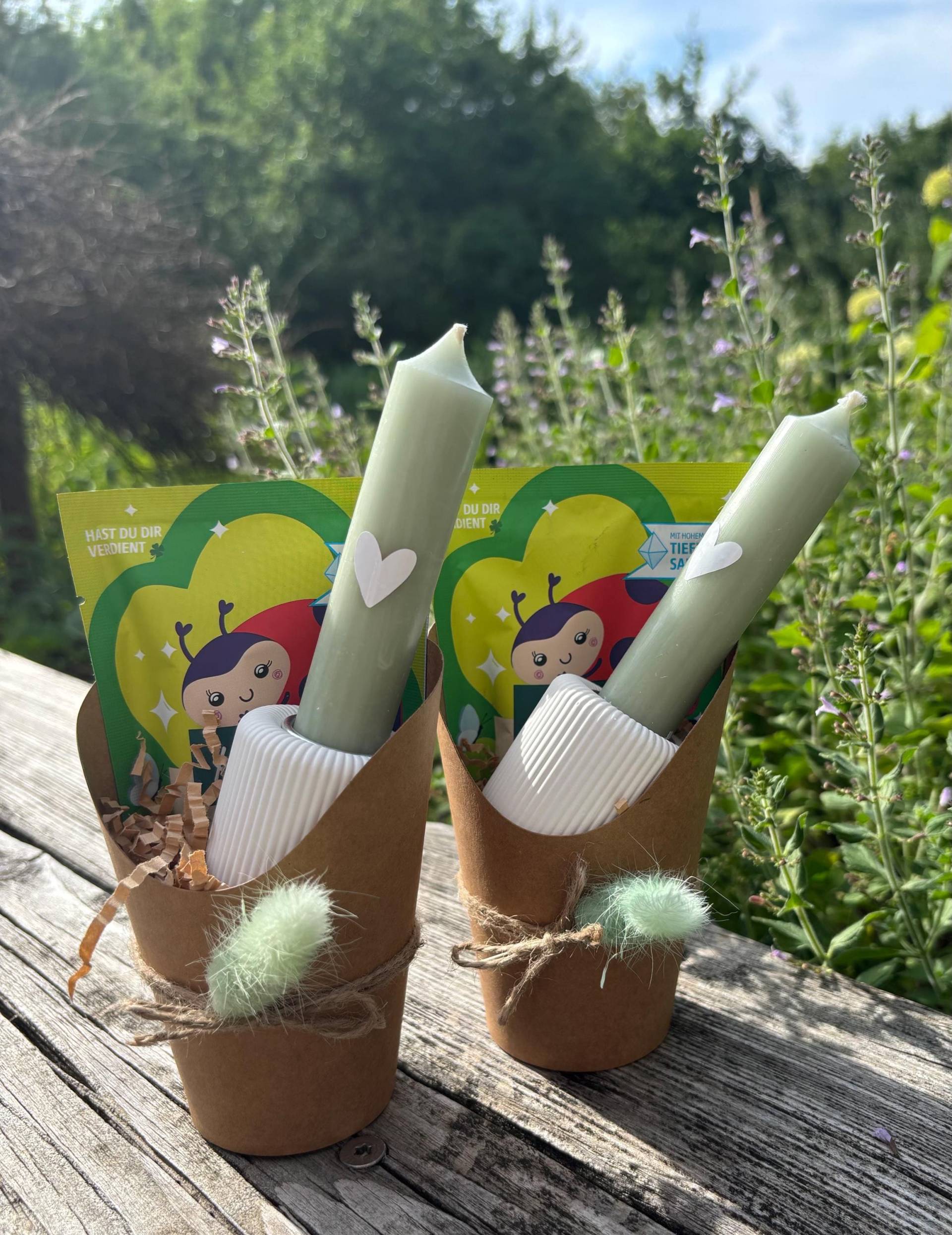 Glück Im Becher - Set Aus Stabkerzenhalter Mit Rillen, Kleiner Stabkerze Und Entspannungsbad | Verschenke Eine Portion von Etsy - Dorfgiesserei