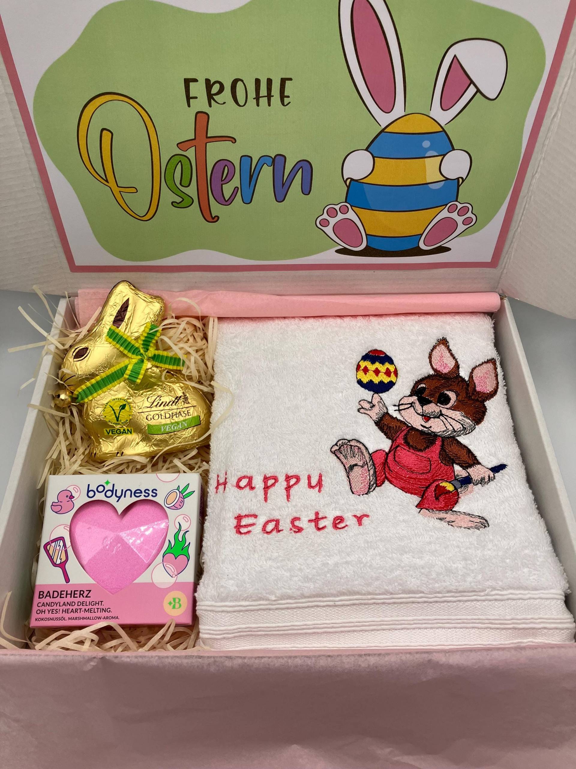 Ostern, Schoko Ostergeschenk, Osterbox Mit Besticktem Handtuch Osterhasen - Motiv, Schokolade Vegan, Osterkorb, Bunt, Spa Box, Geschenk von Etsy - DorisOsterreich
