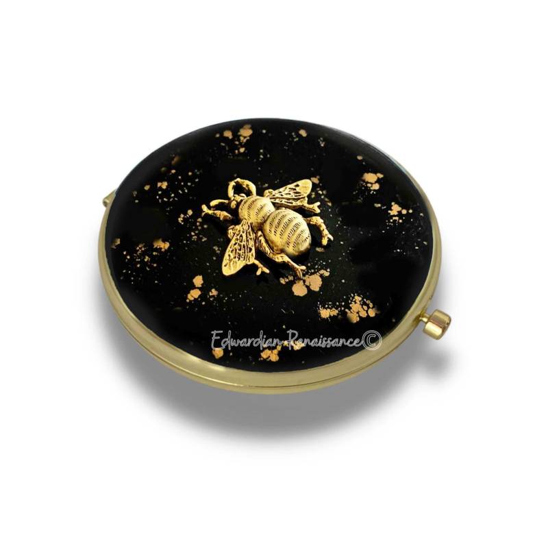 Bienenkönigin Taschenspiegel Handbemalte Schwarze Emaille, Gold Spritzer von Etsy - EdwardianRenaissance