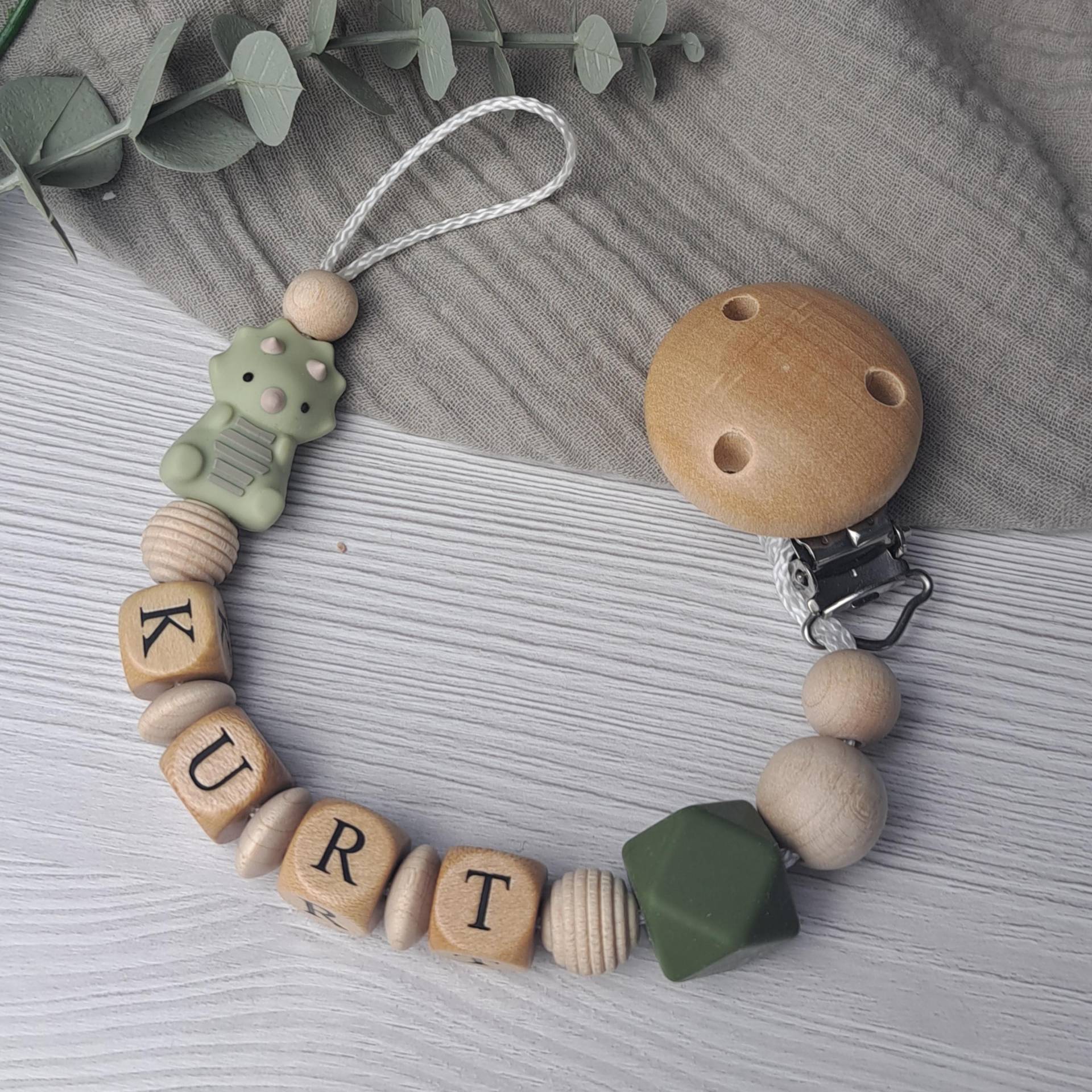 Personalisierte Schnullerkette Dino Grün von Etsy - EliiSt
