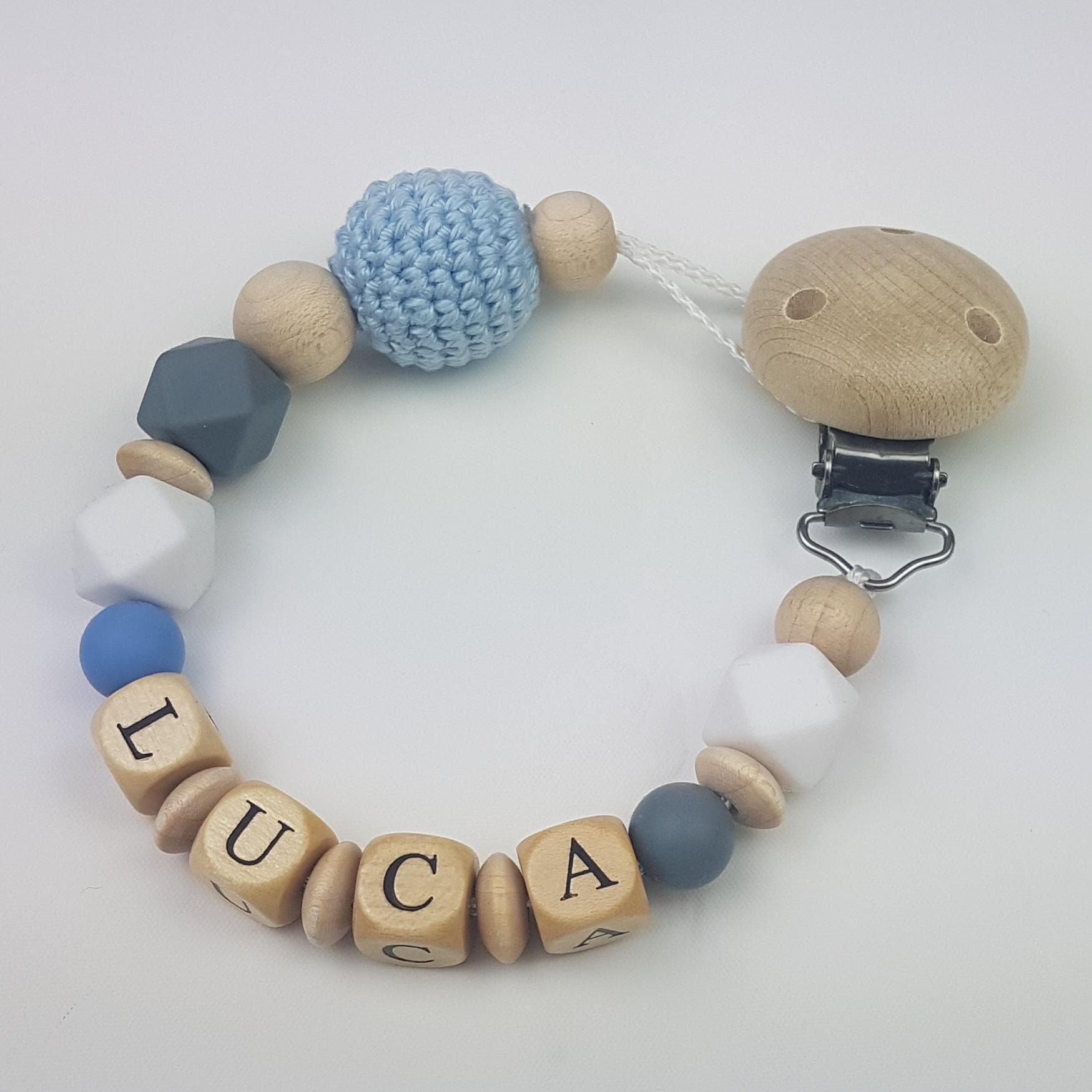 Schnullerkette Personalisiert Mit Namen, Blau, Weis, Grau von Etsy - EliiSt