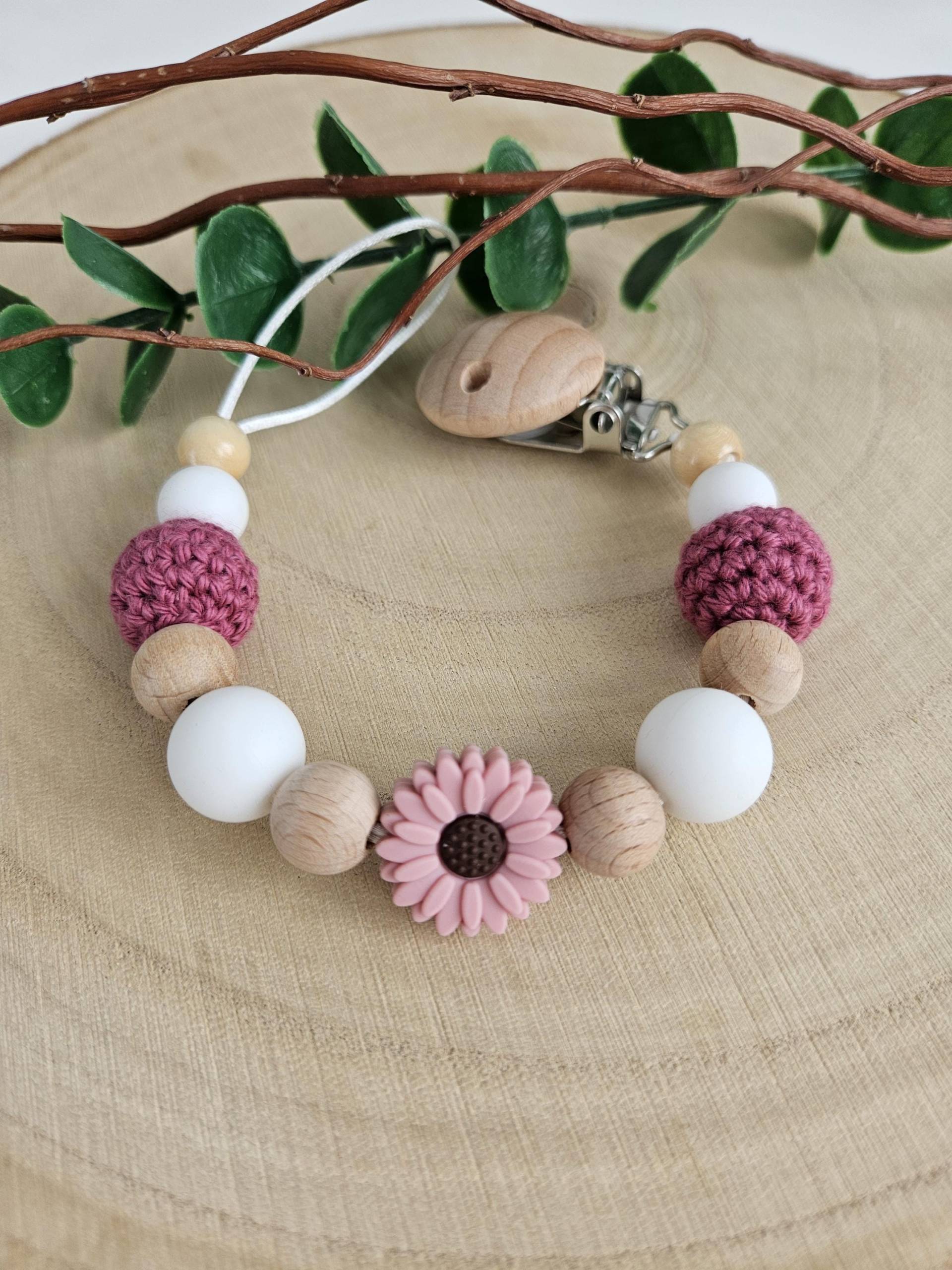 Schnullerkette Daisy, Mit Blumen Motiv Und Häkel/Silikon Perlen, Baby Geschenk, Tauf Babyshower von Etsy - EloniShop