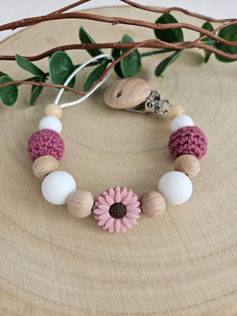 Schnullerkette Daisy, Mit Blumen Motiv Und Häkel/Silikon Perlen, Baby Geschenk, Tauf Babyshower von Etsy - EloniShop