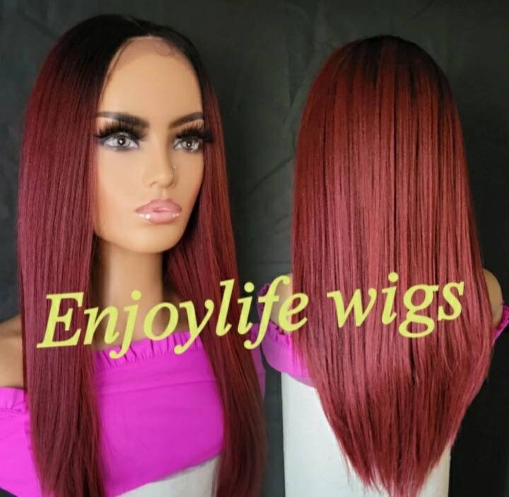 Bordeauxrot Schwarz Wurzel Freepart Natur Anmutend Gerade Schwarze Spitze Vorne Perücke von Etsy - Enjoylifewigs