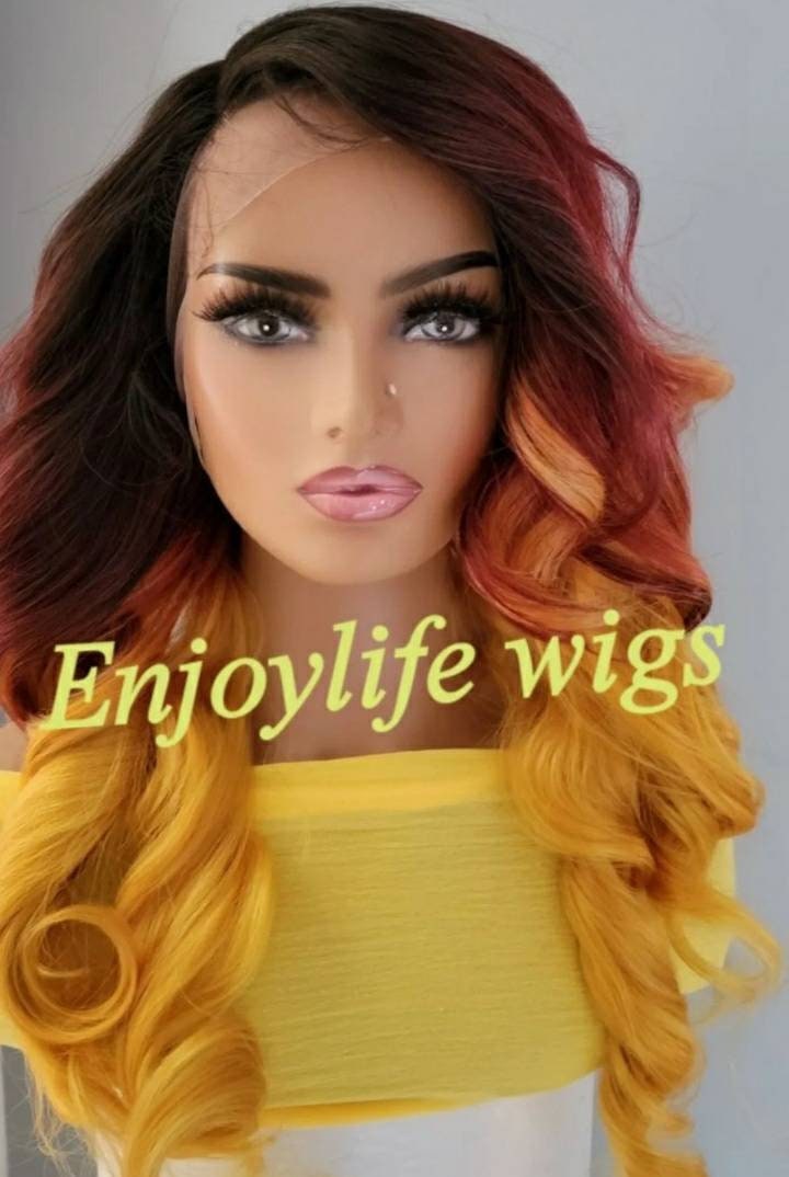 Burgund Goldene Sonne Küsste Feuer Gewellte H.d Spitzenfront Bunte Perücke von Etsy - Enjoylifewigs