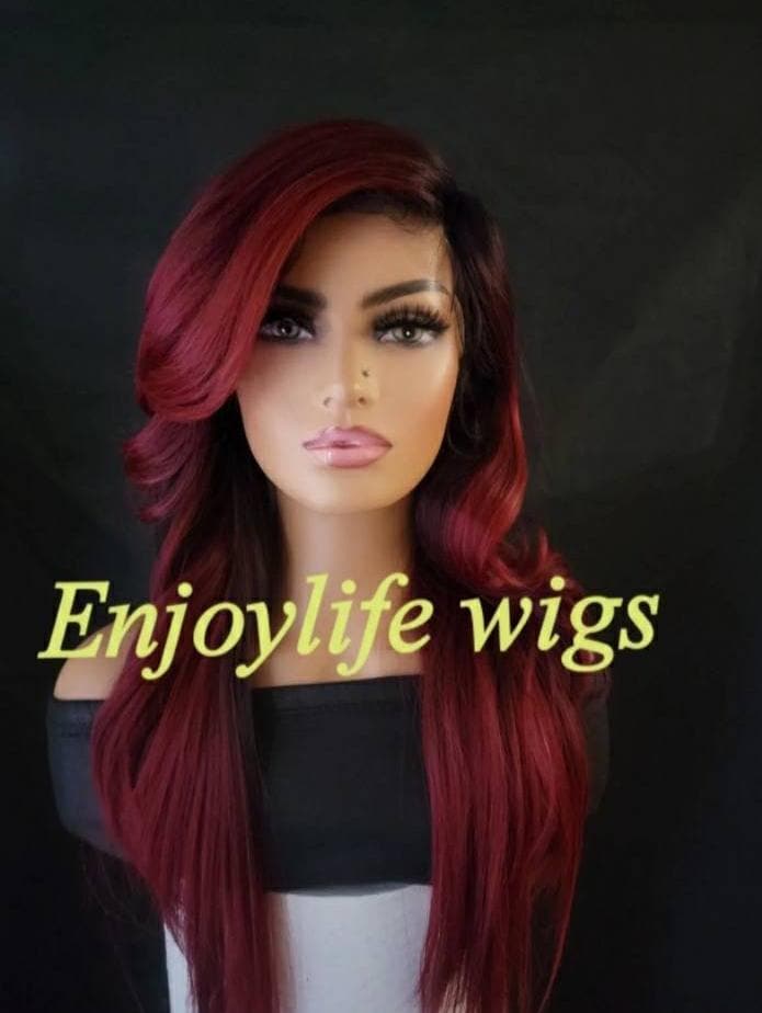 Burgunderrote Balaylage Schwarz Hervorgehoben H.d Ombre Gewellte Spitzenfront Perücke von Etsy - Enjoylifewigs