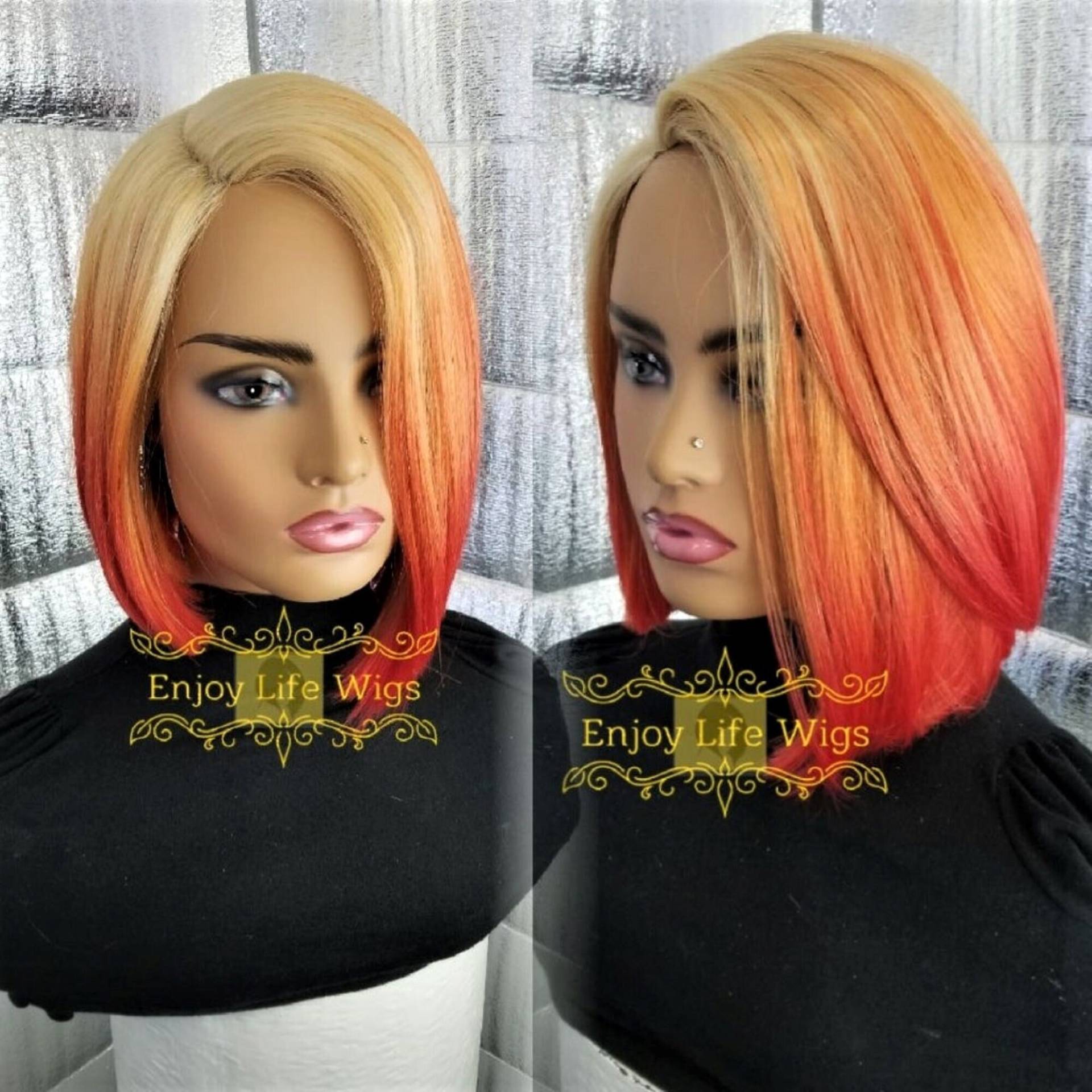 Orange Blonde Splash Bob Perücke Mit Naturbelassen Wirkendem Tiefen Seitenteil von Etsy - Enjoylifewigs