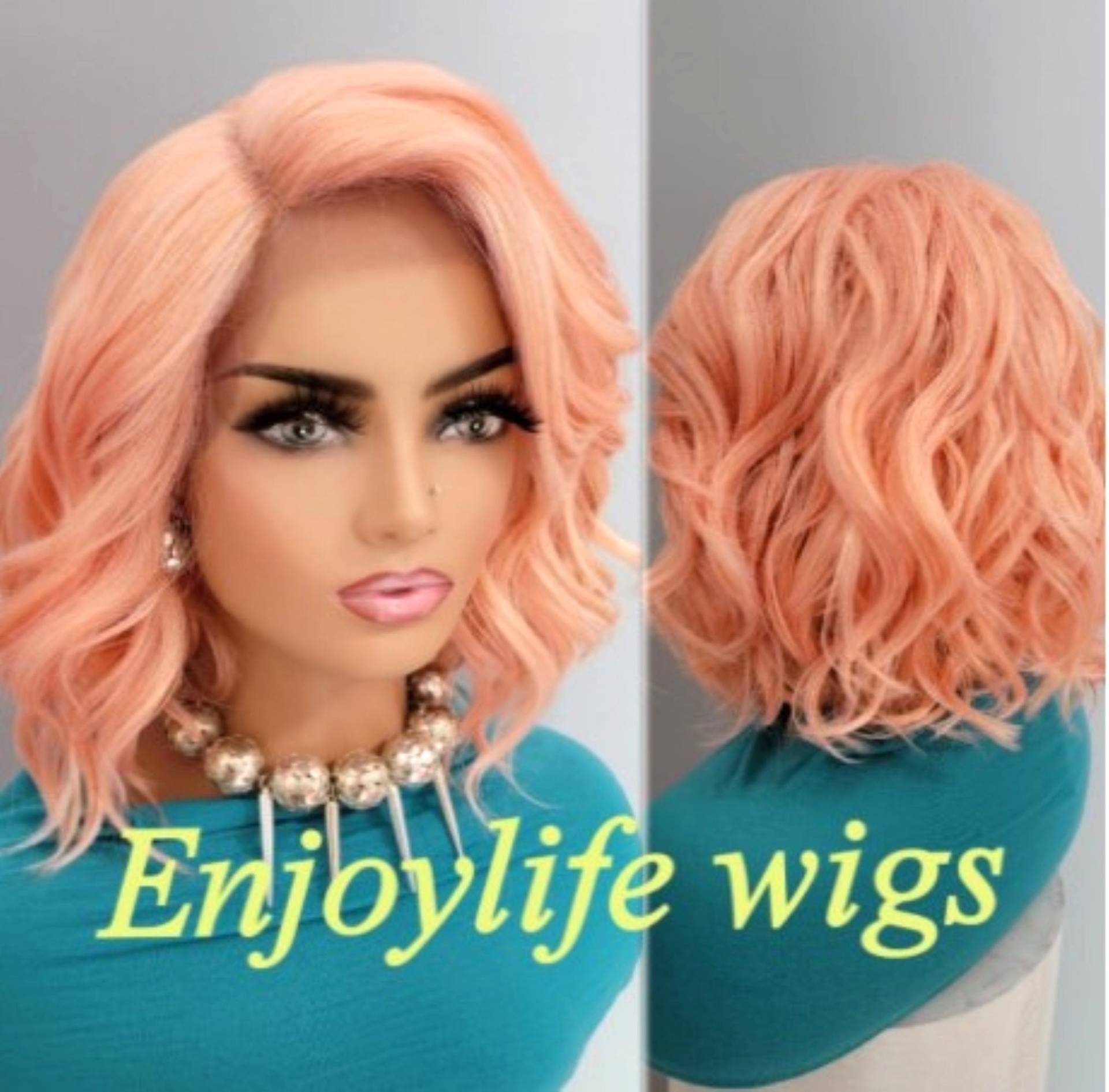 Pfirsich Sherbert Rosa Creme Wellige Spitzen-Perücke Mit Tief Natürlich Anmutendem Seitenteil von Etsy - Enjoylifewigs
